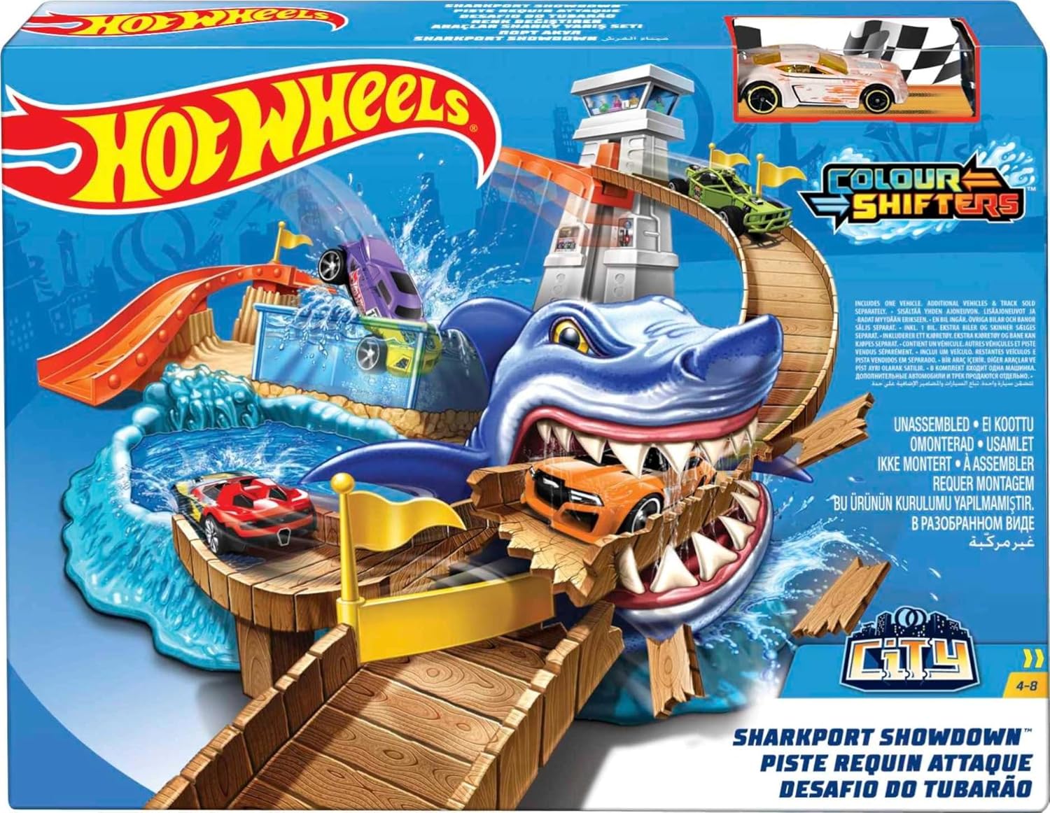 Hot Wheels Toy Car Track Set, Color Shifters Sharkport Showdown, 1:64 Scale Car with Repeat Color-Change Feature