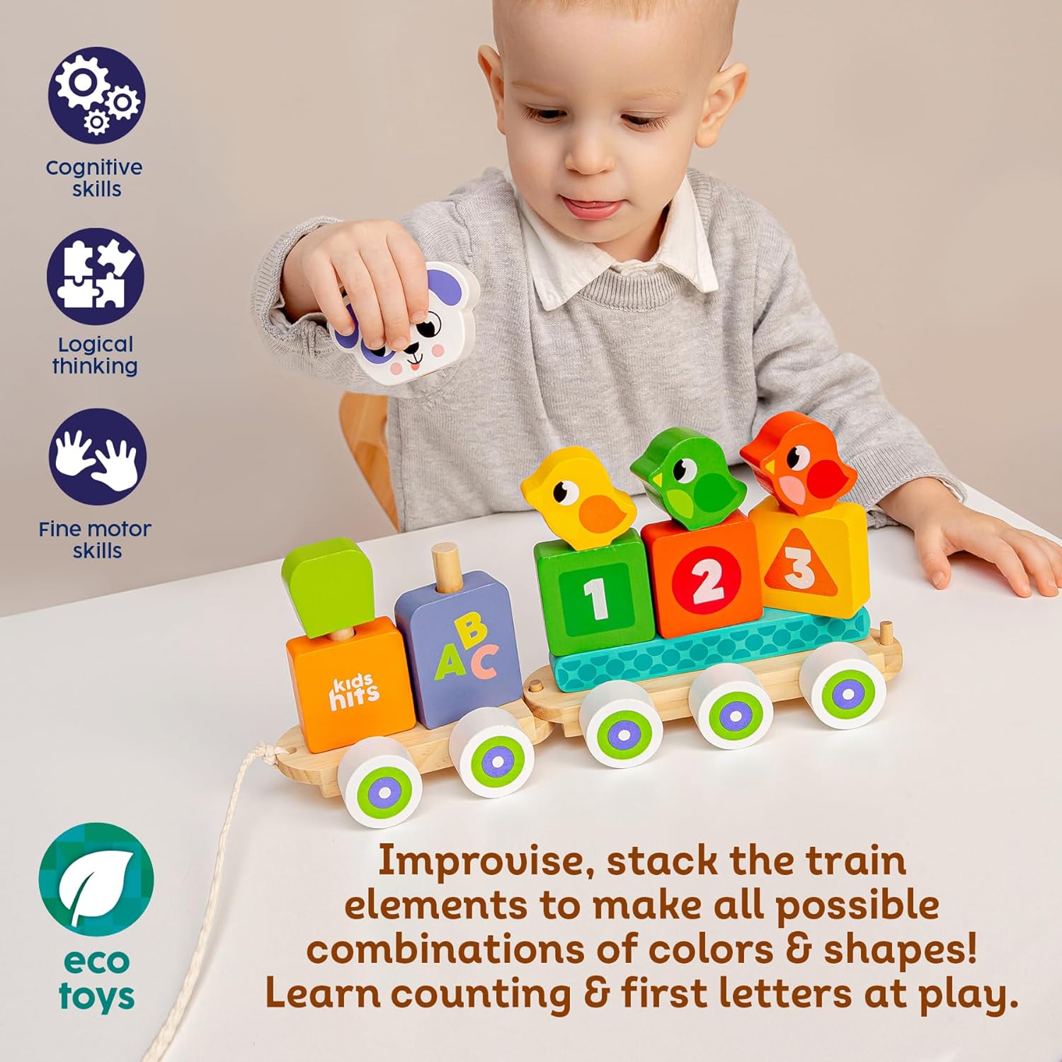 Kids Hits Wooden Stack and Go Train: All Aboard The Fun Learning Journey for Ages 1 and Up