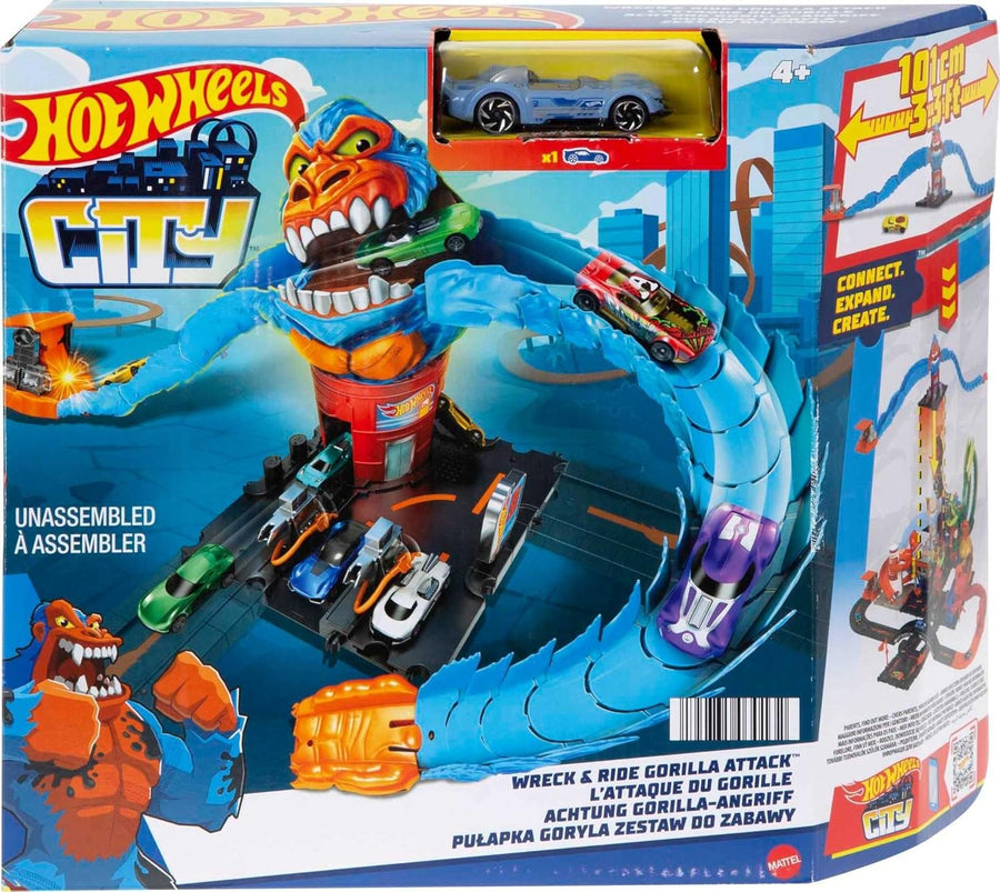 Hot Wheels City Wreck & Ride Gorilla Attack with 1 Car, Connects to Other Sets, Gas Station-Themed Set
