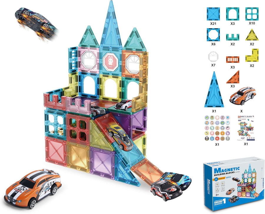 Magnetic construction set, 66 parts, 6 metal-plastic cars, in a box
