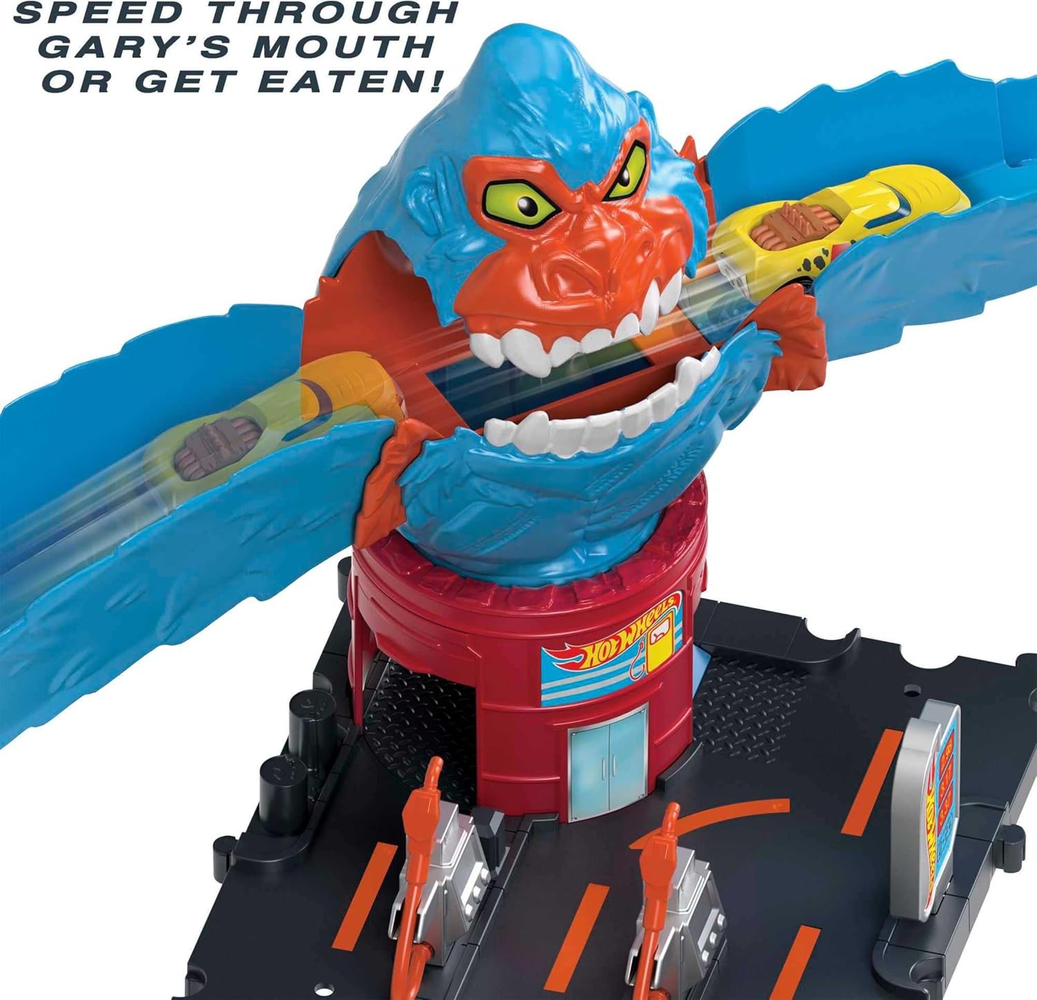 لعبة Hot Wheels City Wreck & Ride Gorilla Attack مع سيارة واحدة، متصلة بمجموعات أخرى، مجموعة ذات طابع محطة وقود 