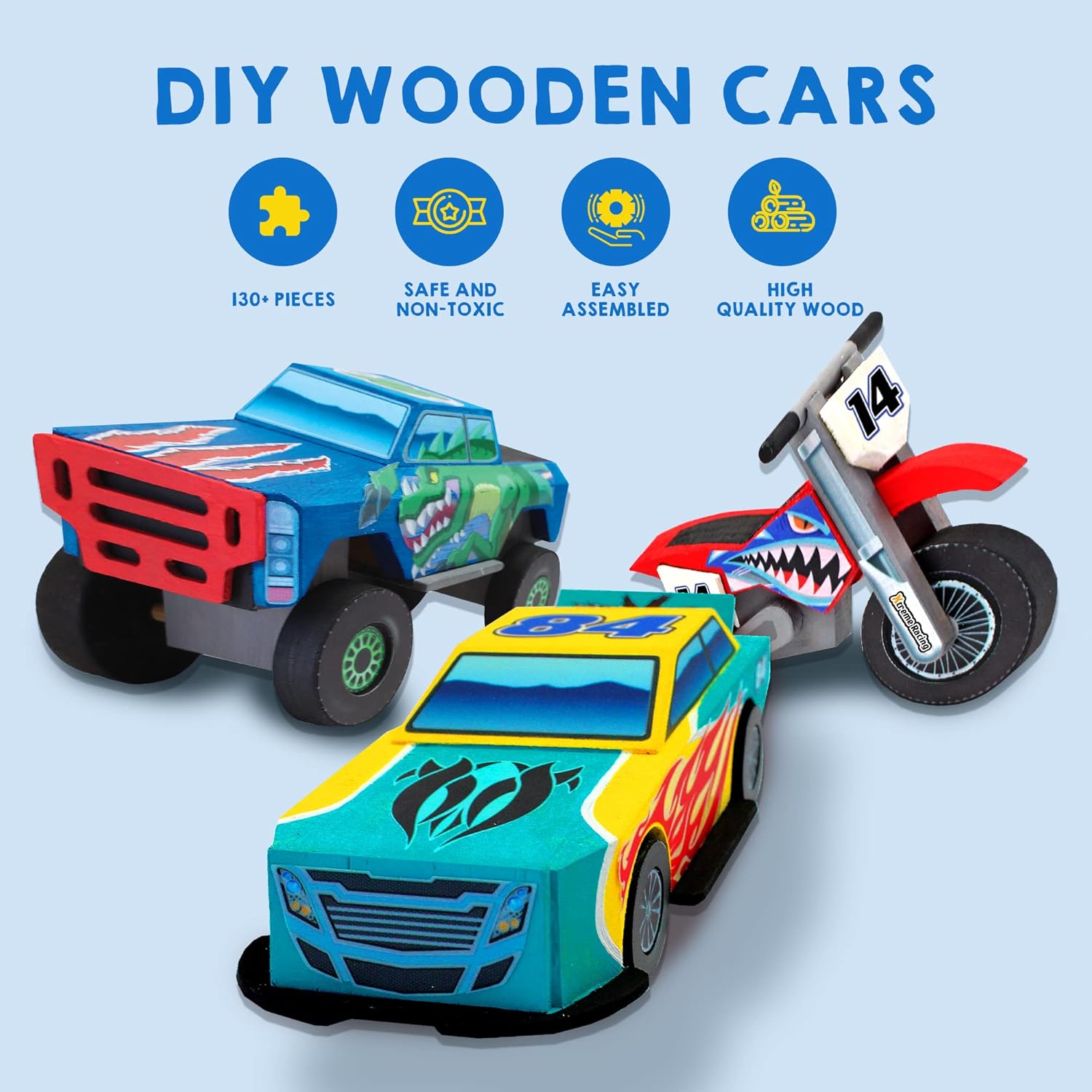 Three colorful wooden toy cars on a light blue background with text 'DIY Wooden Cars'.