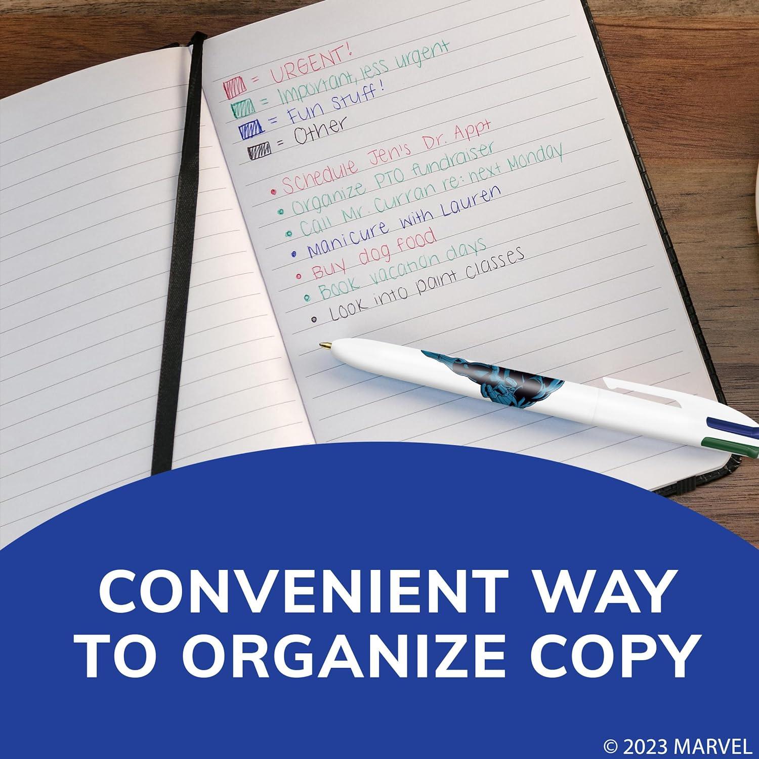 أقلام حبر جاف قابلة للسحب من BIC Marvel's Avengers Edition، 4 ألوان، رأس متوسط (1.0 مم)، عبوة من 3 قطع، قلم حبر جاف قابل للسحب مع حبر يدوم طويلاً