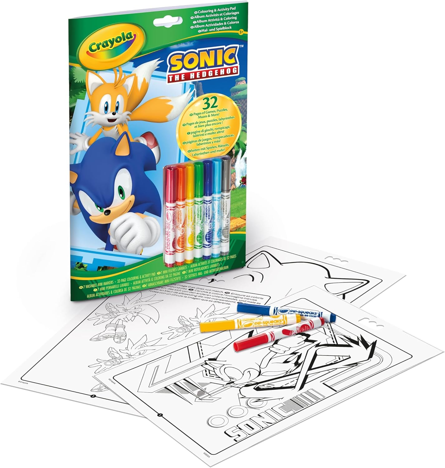 ألبوم أنشطة وتلوين سونيك من كرايولا، ٣٢ صفحة تلوين و٧ أقلام تلوين صغيرة قابلة للغسل