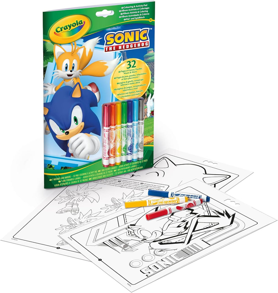 Crayola Sonic Activity & Coloring Album, 32 Colouring Pages and 7 Mini Washable Felt Tip Pens