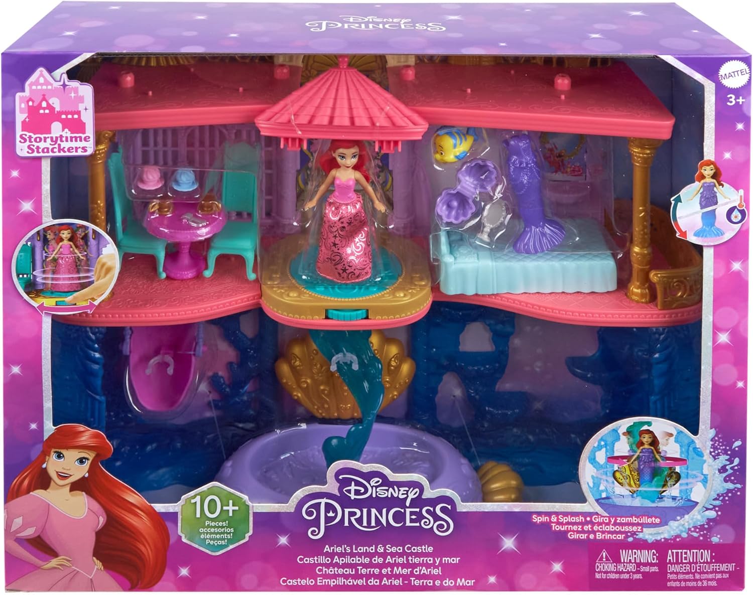 Mattel Disney Princess The Little Mermaid Toys, Ariel Doll House Stackable Castle with Land & Sea Levels, Small Doll, 1 Friend, 12 Pieces, Pool