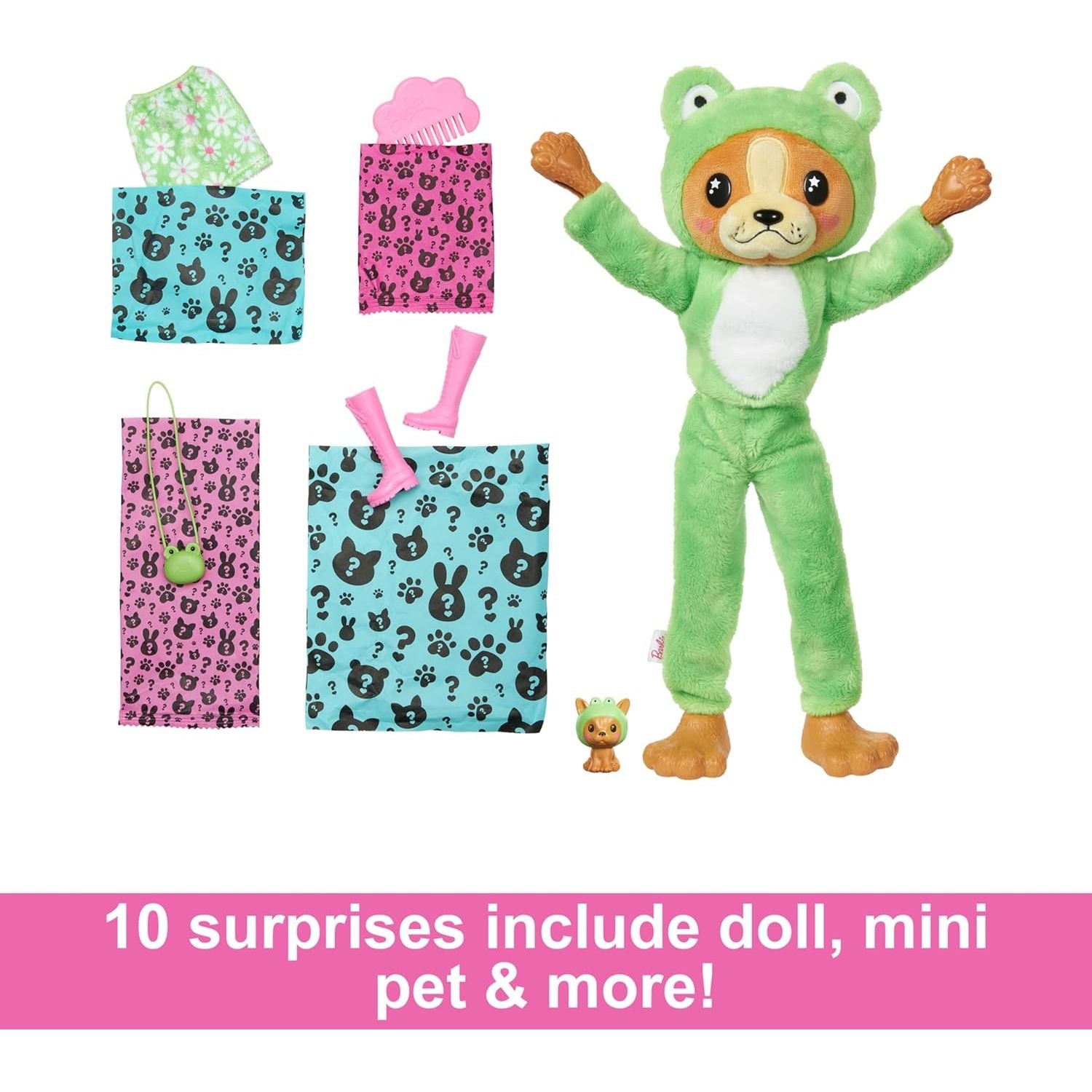 Barbie Cutie Reveal Doll & Accessories with Animal Plush Costume & 10 Surprises Including Color Change, Puppy as Frog in Costume-Themed Series