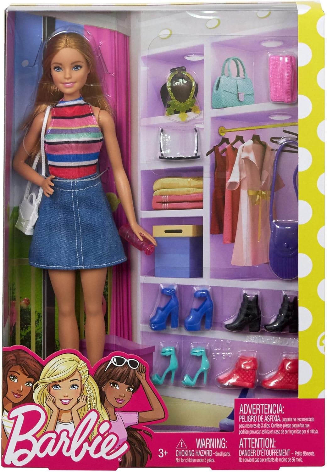 Barbie Doll with Colourful Striped Bodysuit and Denim Skirt and Accessories