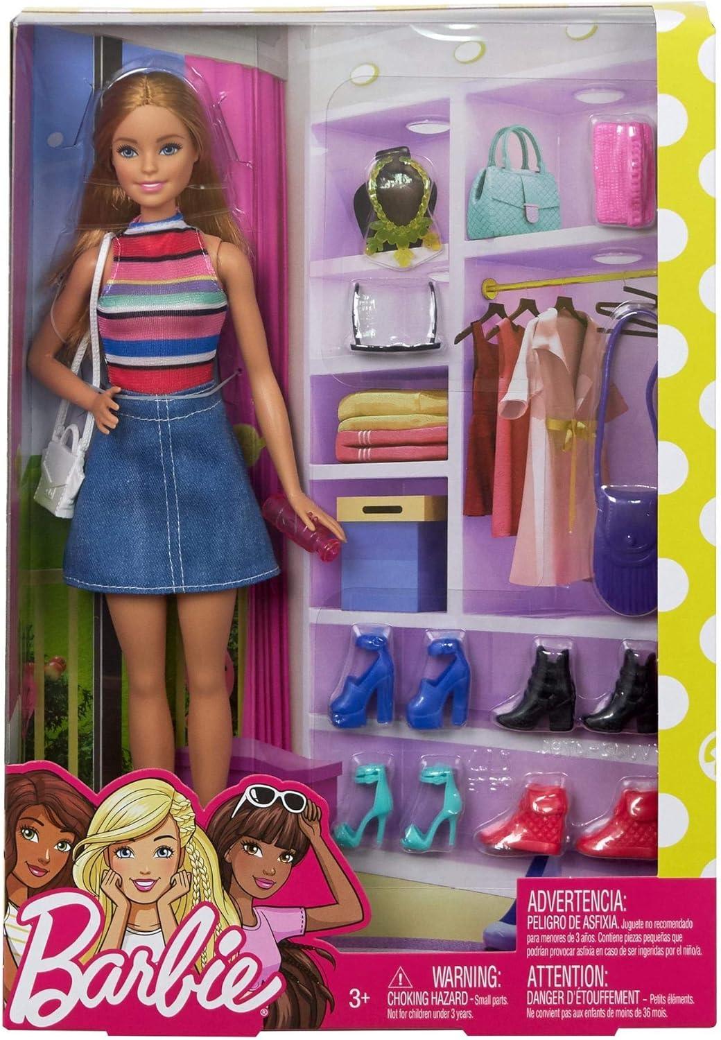 Barbie Doll with Colourful Striped Bodysuit and Denim Skirt and Accessories