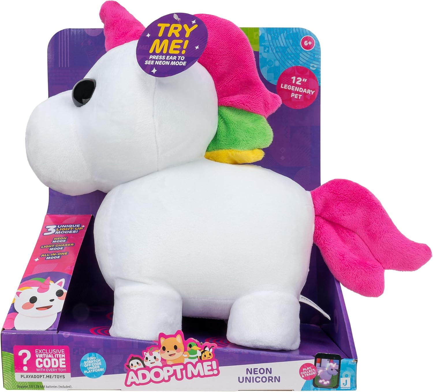 Adopt Me! Luminous Neon Unicorn Soft Toy - Soft and Cuddly - Three Lighting Modes - Directly Inspired by Game No. 1, Toys for Children - 6 Years and Up