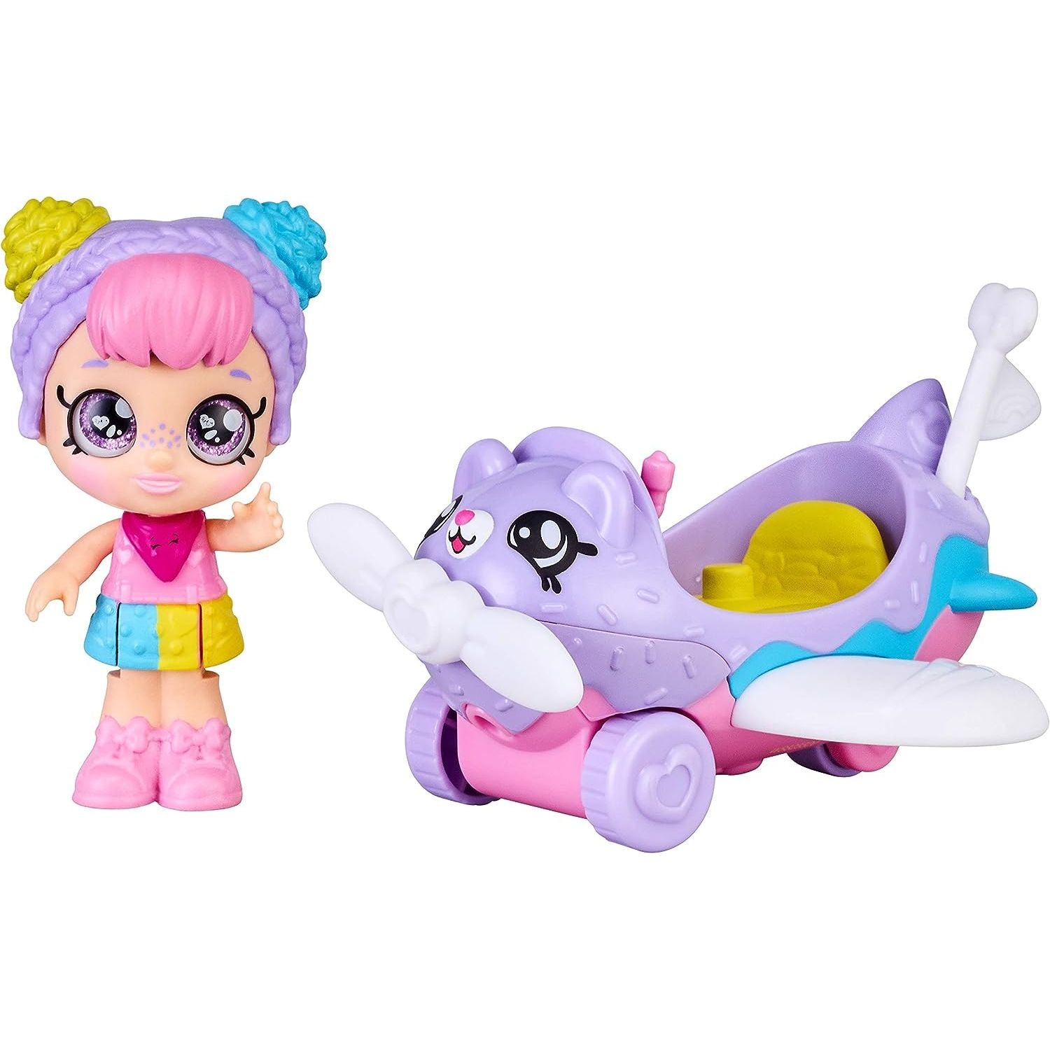 Kindi Kids Minis - Rainbow Kate's Airplane - Collectible Vehicle and Posable Bobble Head Figurine 2pc