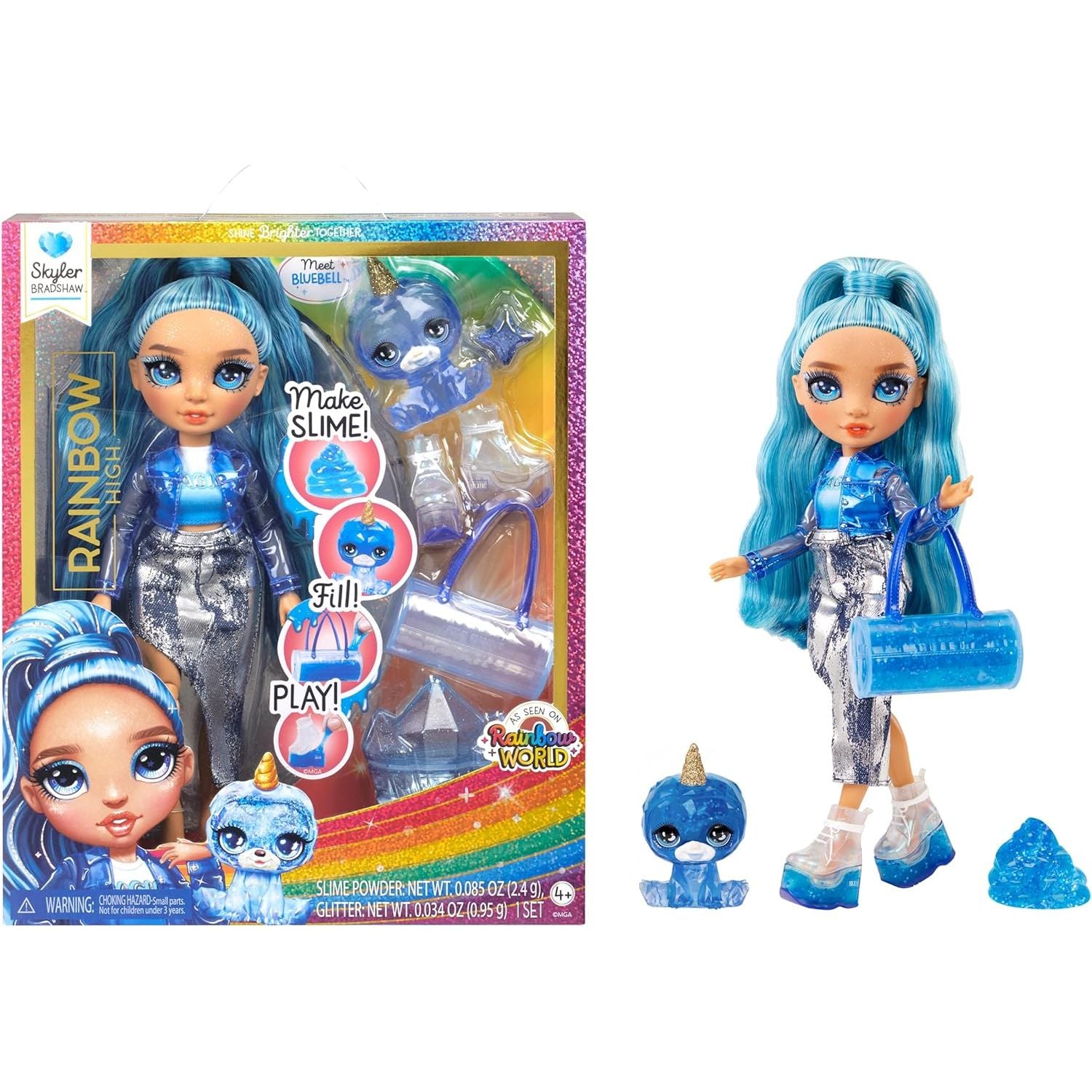 Rainbow High Skyler, Blue with Slime Kit & Pet, 11