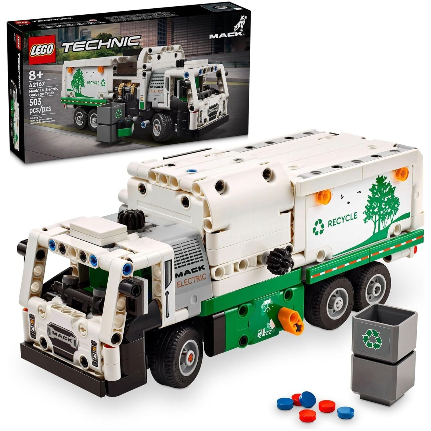 لعبة شاحنة القمامة الكهربائية تكنيك ماك LR من ليجو 42167، شاحنة أطفال قابلة للبناء للعب التظاهري.