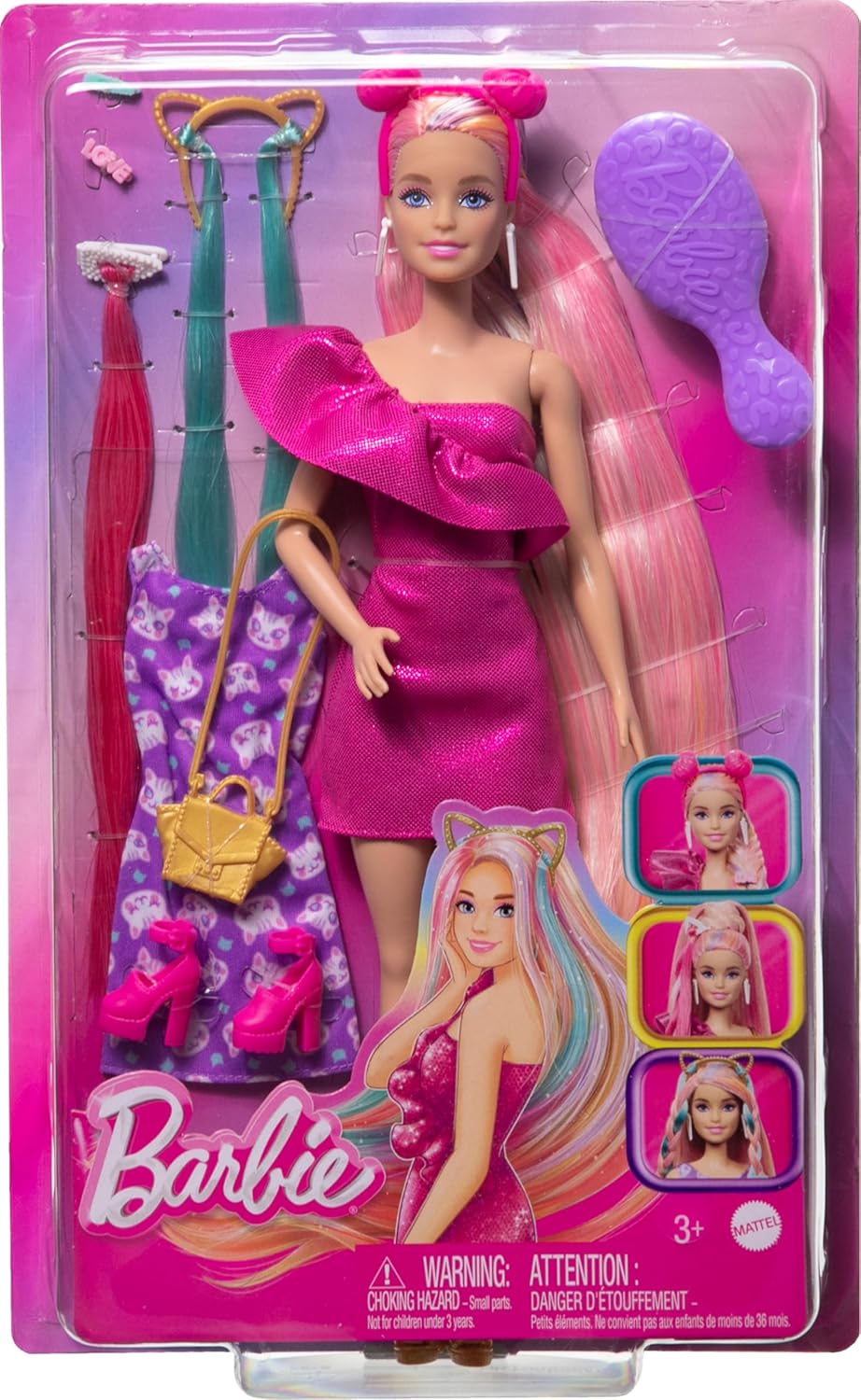 Barbie Doll, Fun & Fancy Hair with Extra-Long Colorful Blonde Hair and Glossy Pink Dress, 10 Hair and Fashion Play Accessories