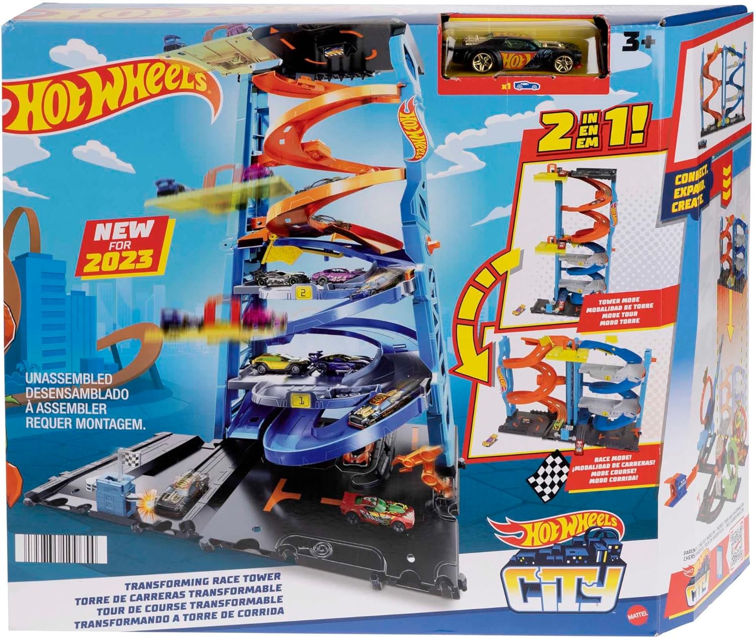 Hot Wheels City Toy Car Track Set, Transforming Race Tower, Single to Dual-Mode Racing, with 1:64 Scale Vehicle, 2 Ways to Race