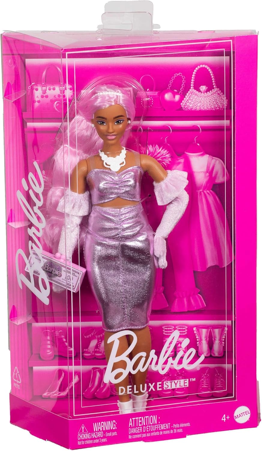 Barbie Deluxe Style Doll #1 in Glossy Pink Barbiecore Dress With Velvet Gloves: Pink Hair