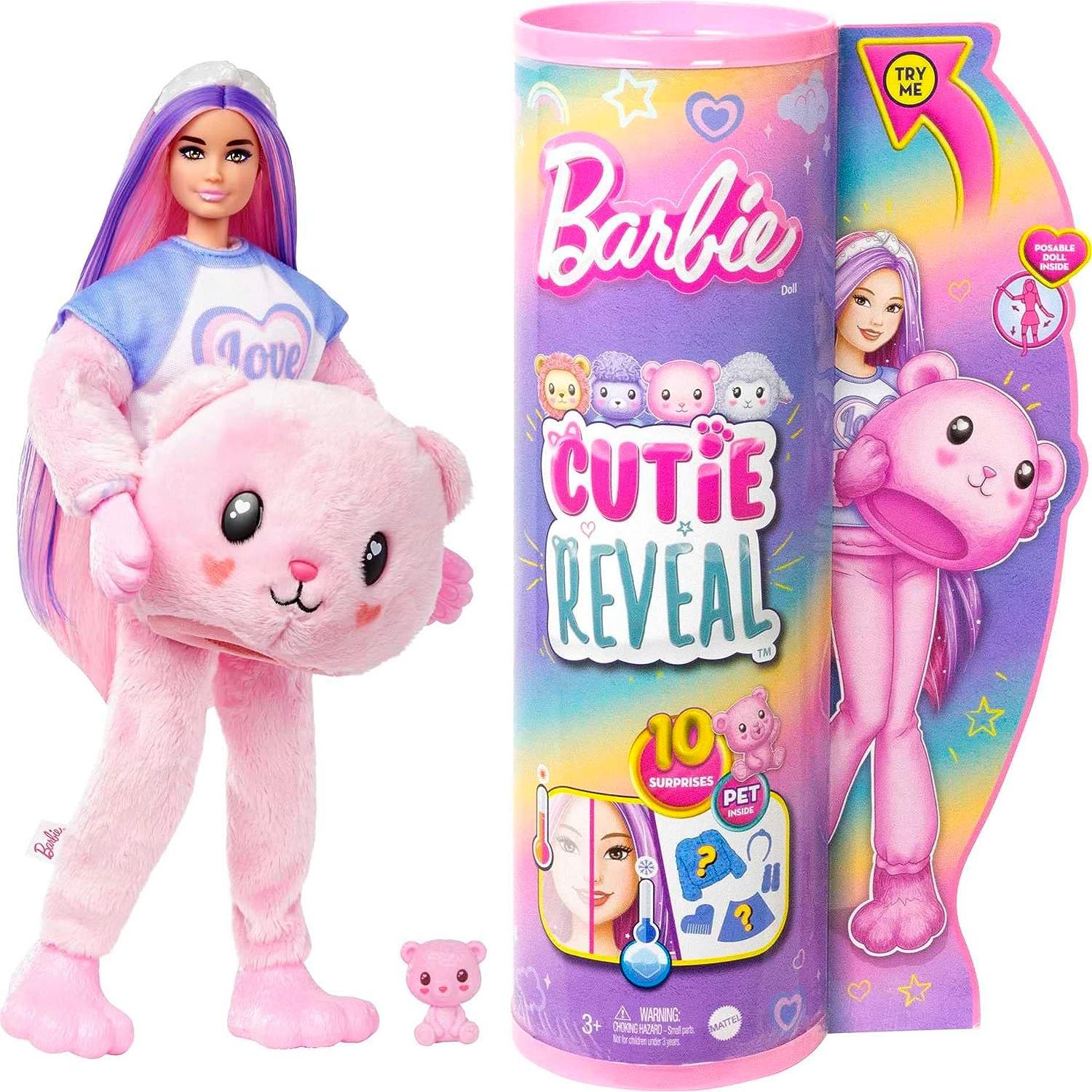 Barbie Cutie Reveal Doll with Pink Hair & Teddy Bear Costume, 10 Suprises Include Accessories & Pet