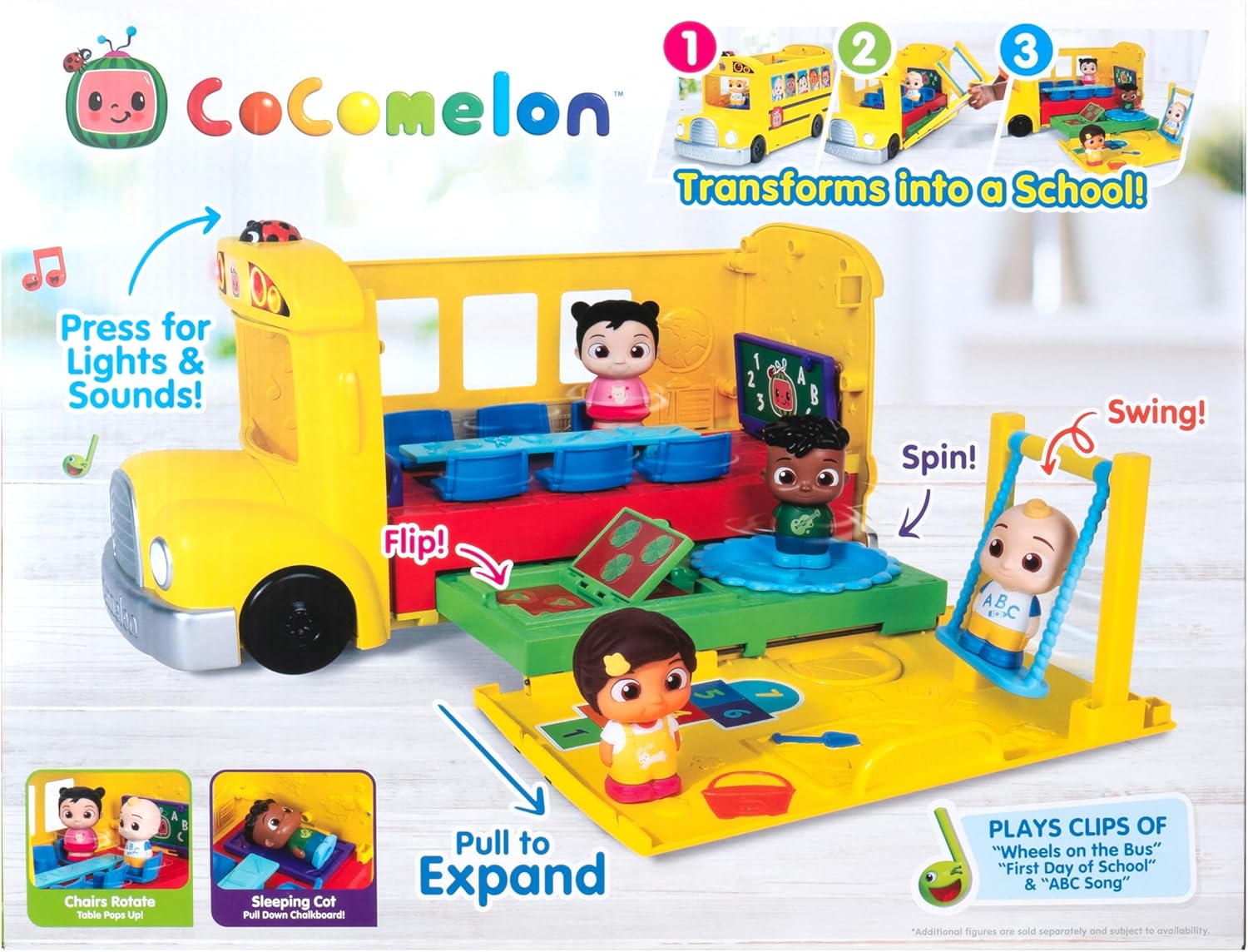 CoComelon Transforming School Time Bus - Lights and Sounds - 3 Favorite Songs - 6 Areas of Play - Removable JJ and Cody Figures - Toys for Kids and Preschoolers