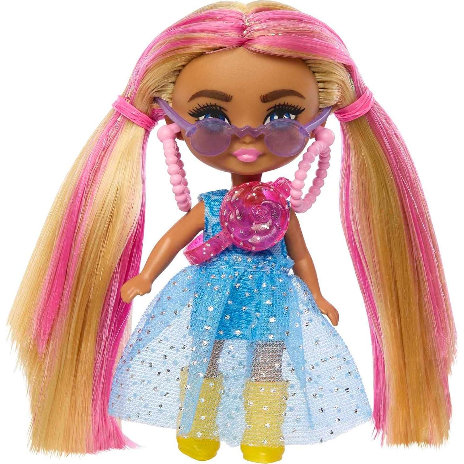 Barbie Extra Mini Minis Doll with Pink-Streaked Blonde Pigtails Wearing Blue Dress & Accessories & Stand, 3.25-inch
