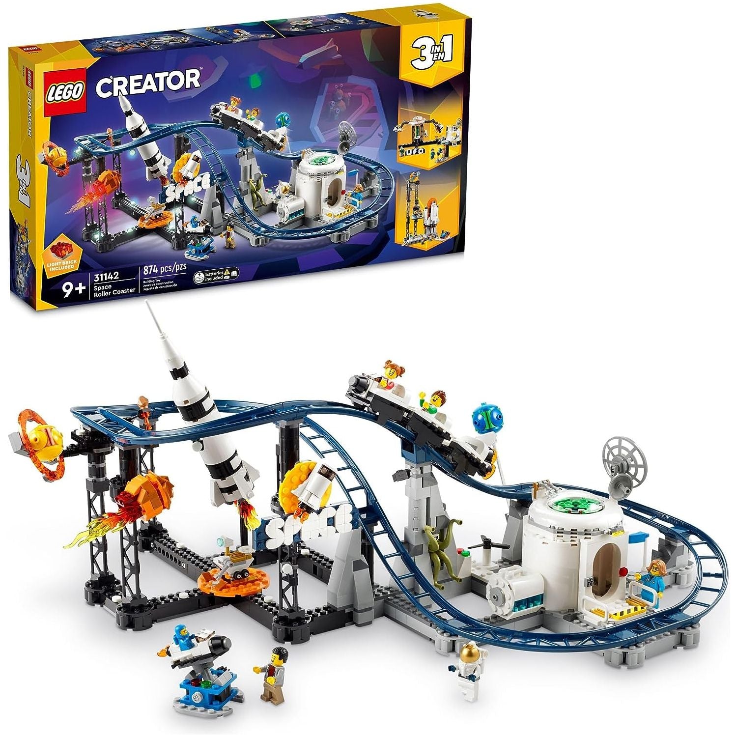 LEGO Creator Space Roller Coaster 31142 3 in 1 Building Toy Set Featuring a Roller Coaster, Drop Tower, Carousel and 5 Minifigures, Rebuildable Amusement Park