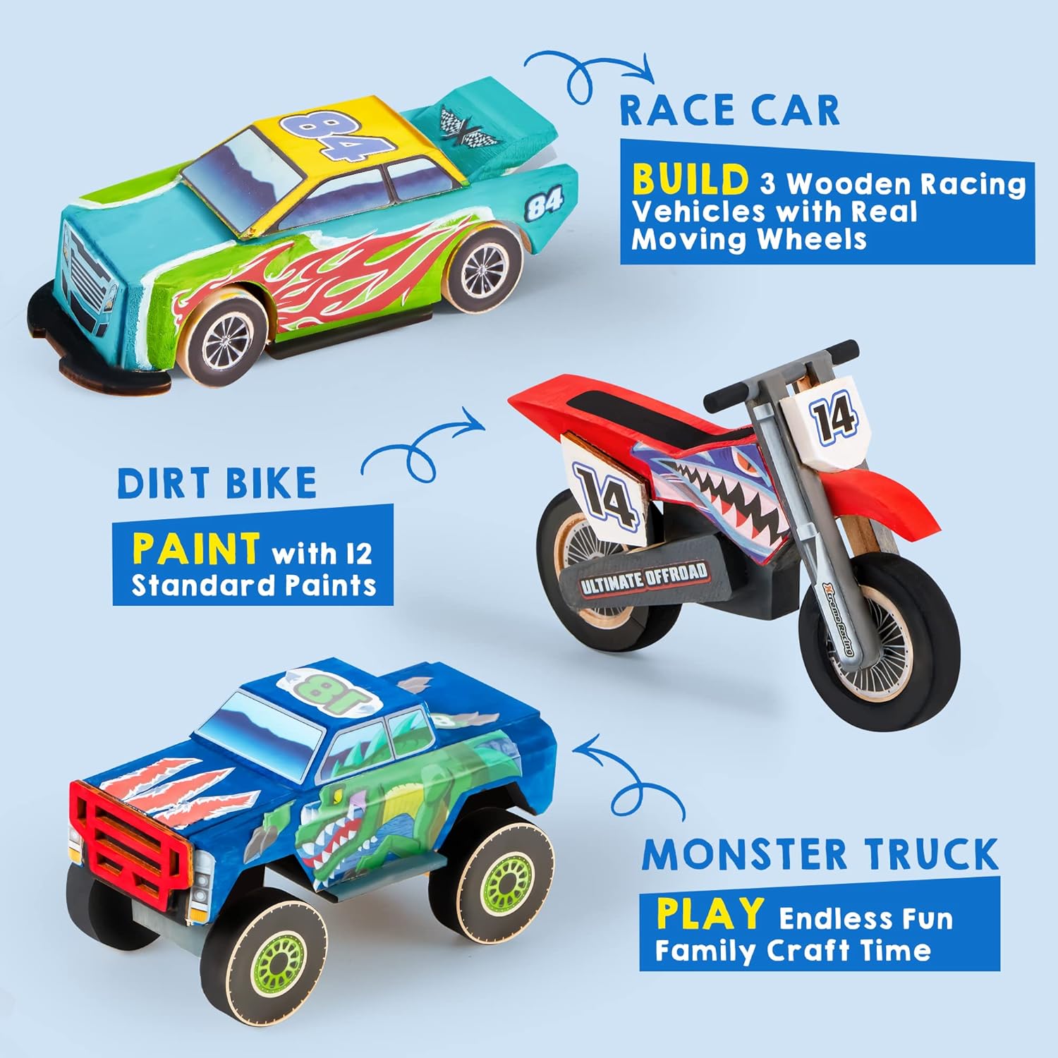 Three wooden racing vehicles (race car, dirt bike, monster truck) with text describing features 