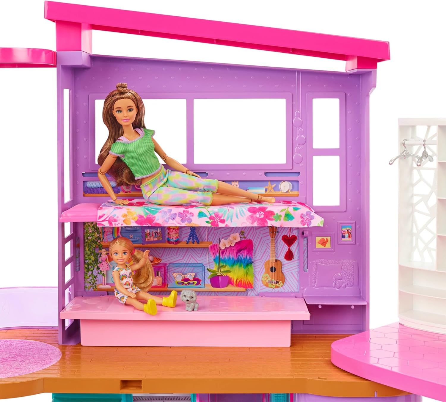 Barbie Vacation House, 2-Storey Fully-Furnished Barbie House with 6 Play Areas, Swing Chair Elevator, 30 Accessories, Fold and Store, Toys for Ages 3 and Up