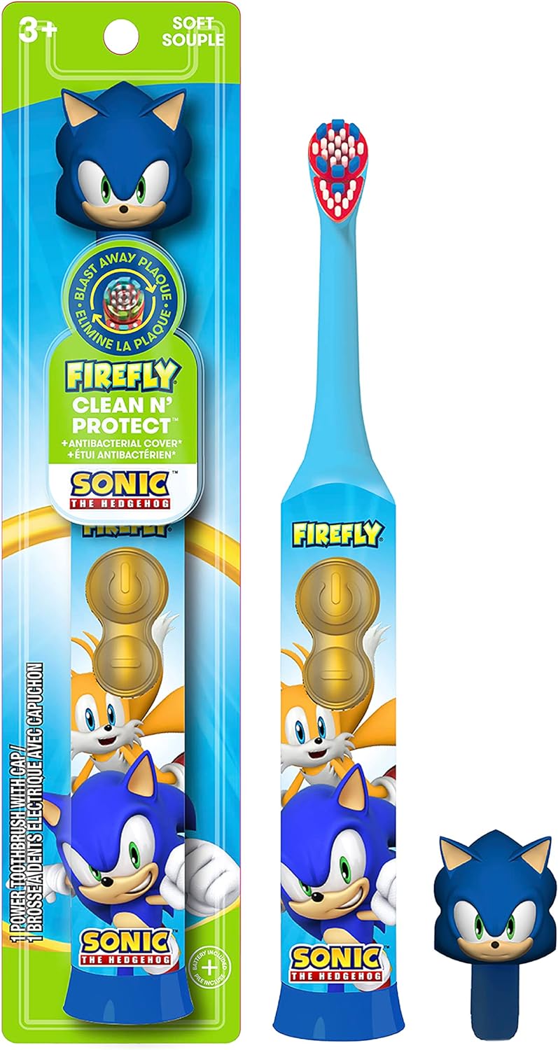 فرشاة أسنان FIREFLY Clean N' Protect، Sonic The Hedgehog مع غطاء صحي ثلاثي الأبعاد، شعيرات ناعمة ممتازة، مقبض مضاد للانزلاق، بطارية متضمنة، للأطفال من سن 3 سنوات فما فوق 