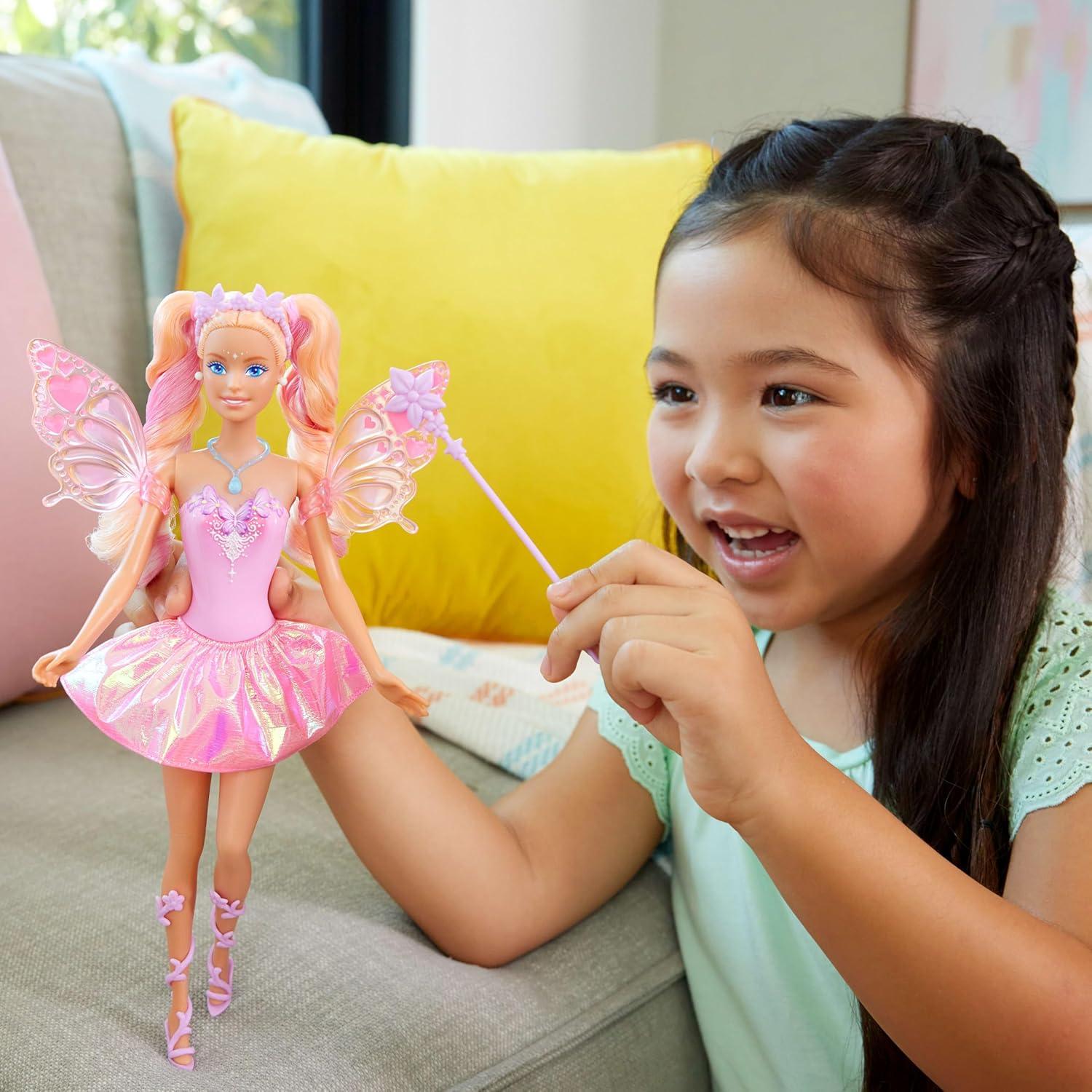 Mattel Barbie Fairy Doll with Toy Wand & Fashion Accessories, Fantasy Theme with Color-Change Fun on Wings & Outfit
