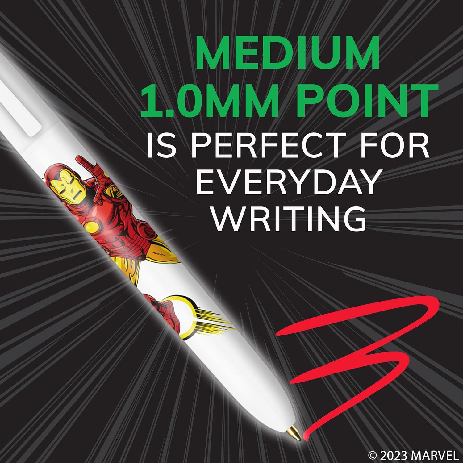 أقلام حبر جاف قابلة للسحب من BIC Marvel's Avengers Edition، 4 ألوان، رأس متوسط (1.0 مم)، عبوة من 3 قطع، قلم حبر جاف قابل للسحب مع حبر يدوم طويلاً