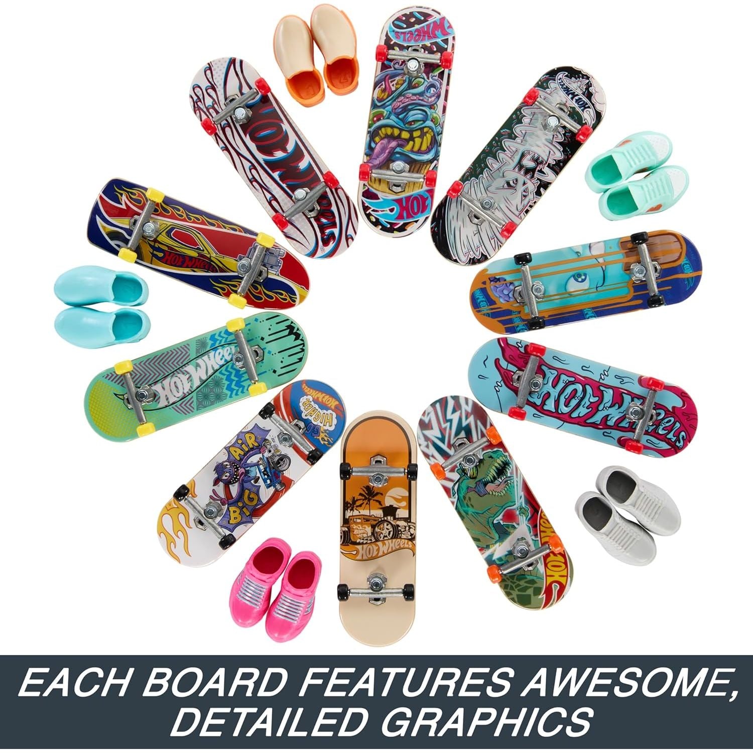 Hot Wheels Skate Fingerboards 10-Pack, Set of 10 Finger Skateboards with 5 Pairs of Removable Skate Shoes Themed Graphics