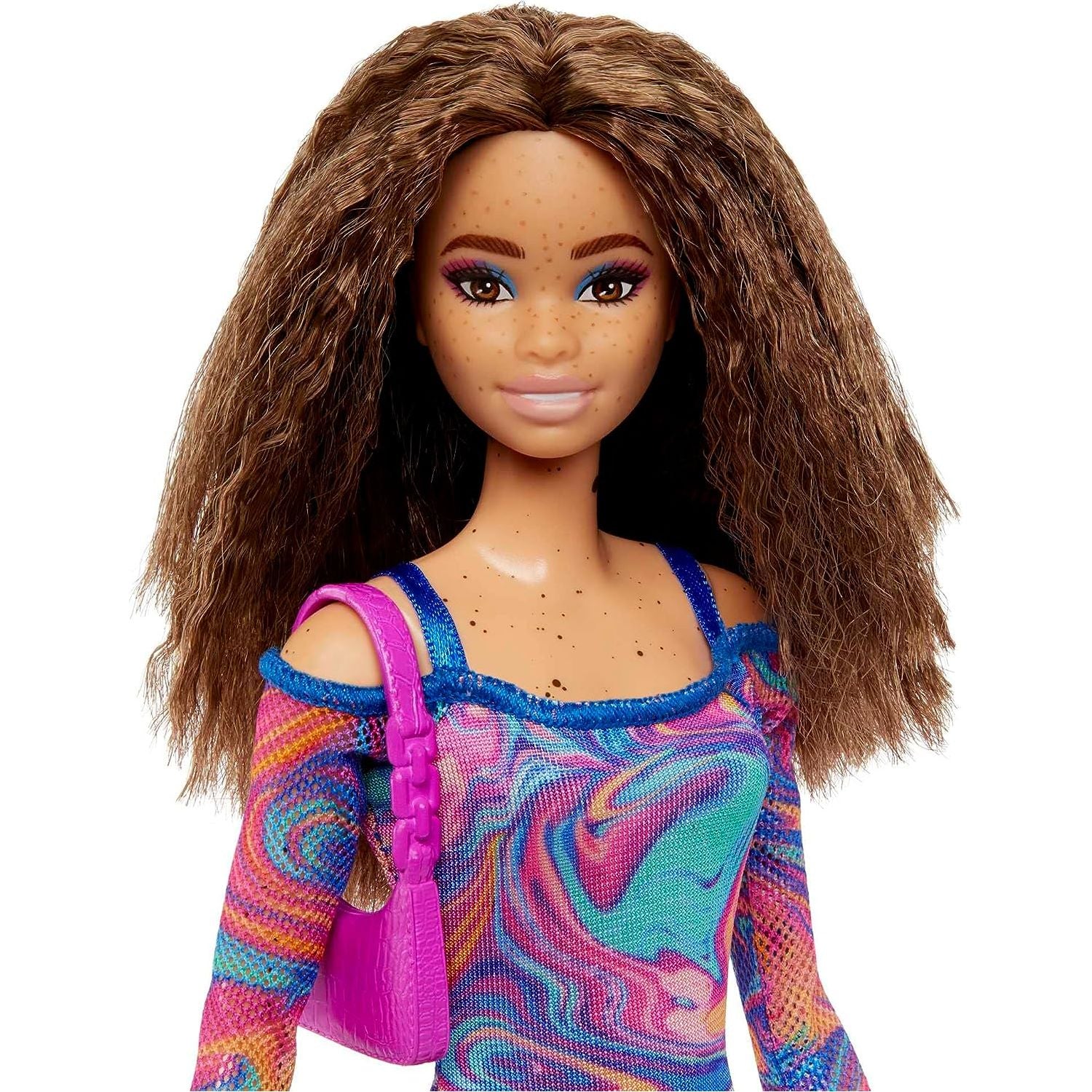 Barbie Fashionistas Doll #206 with Crimped Hair & Freckles, Rainbow Marble-Print Dress, Green Mules & Purse