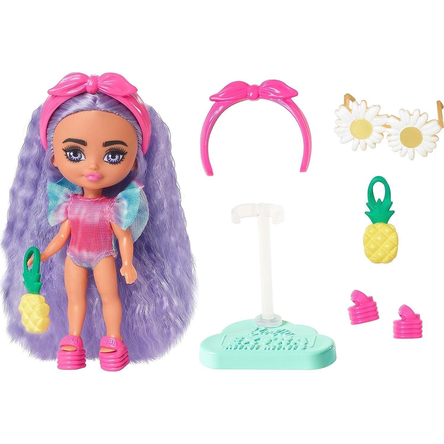 Barbie Extra Mini Minis Travel Doll with Beach Fashion, Tie-Dye Swimsuit and Tropical Accessories, Barbie Extra Fly Small Doll
