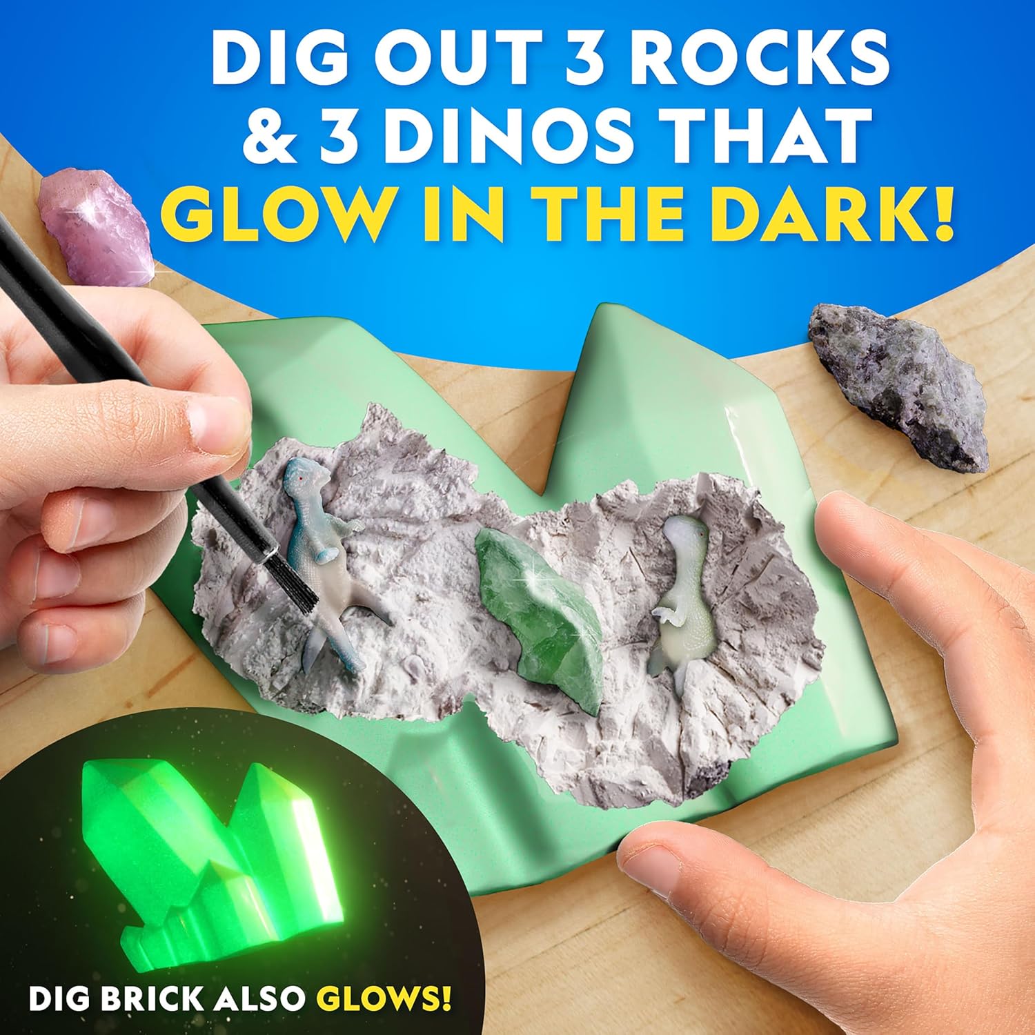 National Geographic Glow in The Dark Dig Kit - Excavate 6 Glow in The Dark Rocks & Dinosaurs from a Glowing Brick, Rock Collection, Science Kits for Kids, Rock Kit for Kids, STEM Kits