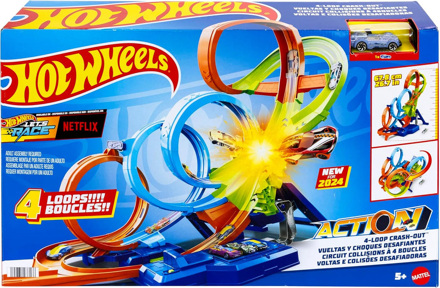 Hot Wheels Action 4-Loop Crash Out Track Set With Motorized Booster & 1:64 Scale Toy Car