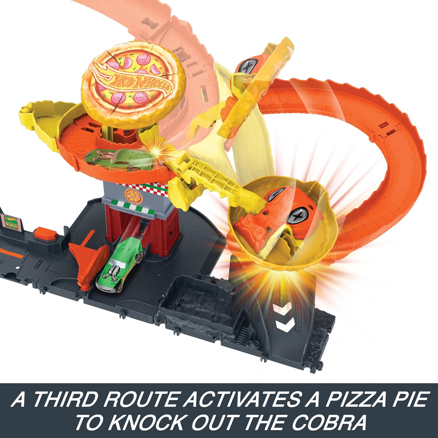 Hot Wheels City Pizza Slam Cobra Attack Playset with 1:64 Scale Toy Car