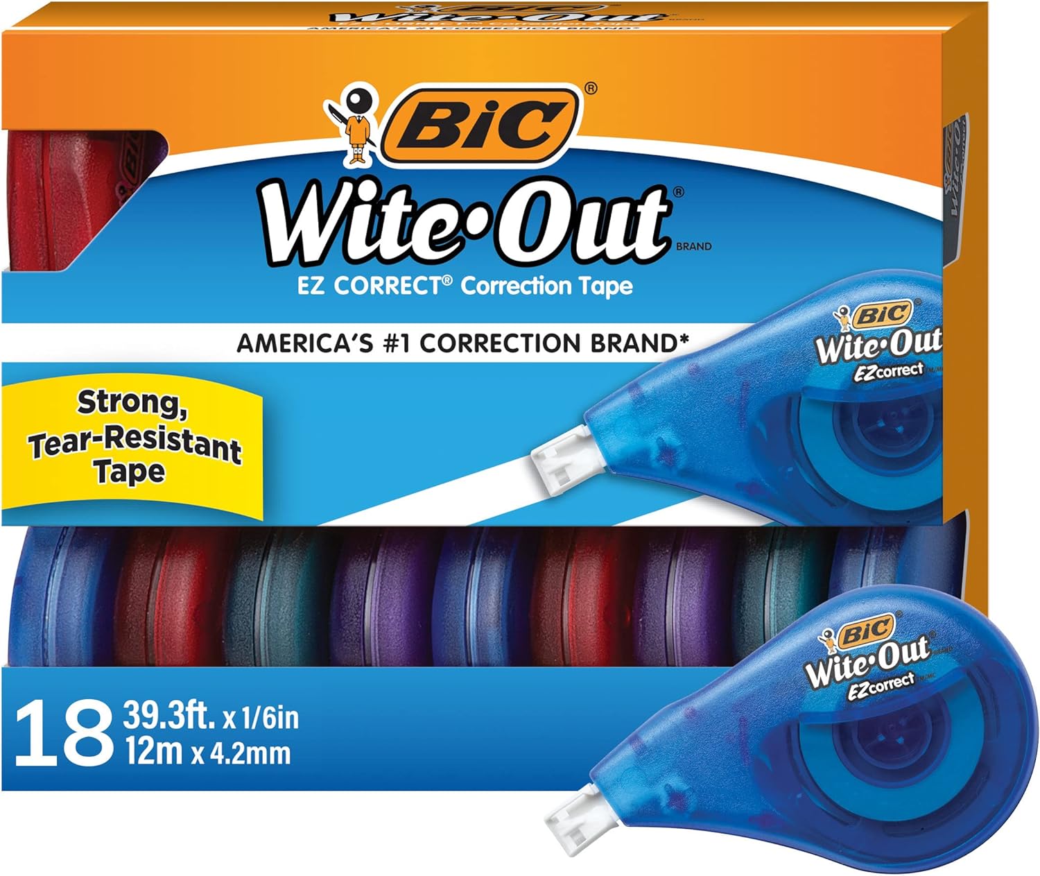 BIC Wite-Out Brand EZ Correct Correction Tape, 39.3 Feet, 18-Count Pack of white Correction Tape, Fast, Clean and Easy to Use Tear-Resistant Tape Office or School Supplies