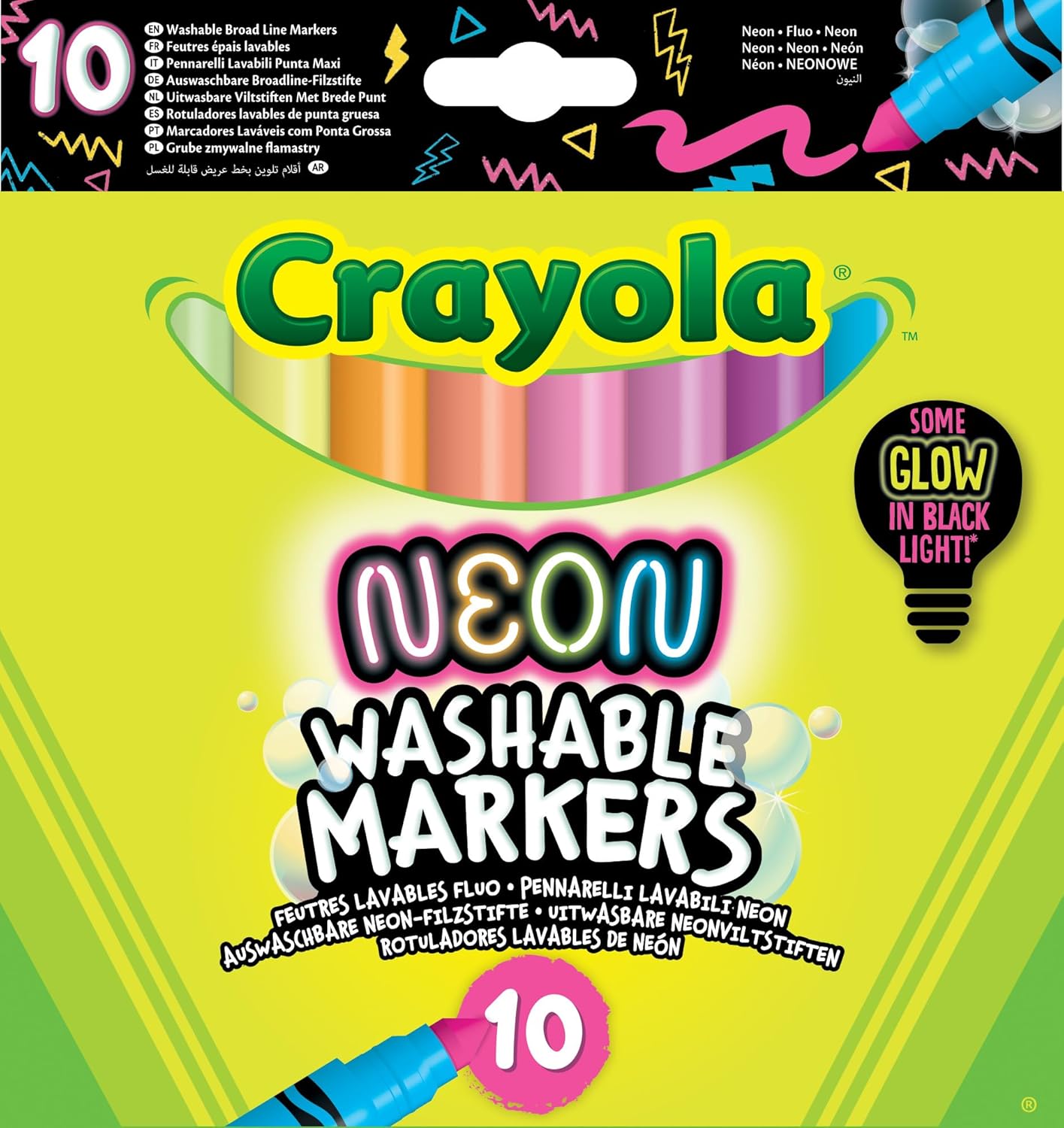 Crayola neon washable markers packaging with colorful markers and brand logo.