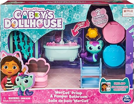 Gabby's Dollhouse, Primp and Pamper Bathroom with Mercat Figure, 3 Accessories, 3 Furniture and 2 Deliveries, Kids Toys for Ages 3 and up