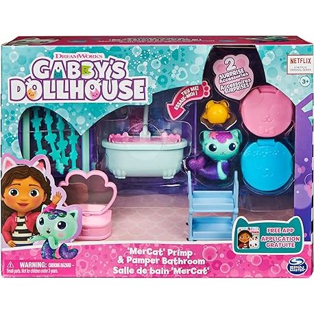 Gabby's Dollhouse, Primp and Pamper Bathroom with Mercat Figure, 3 Accessories, 3 Furniture and 2 Deliveries, Kids Toys for Ages 3 and up