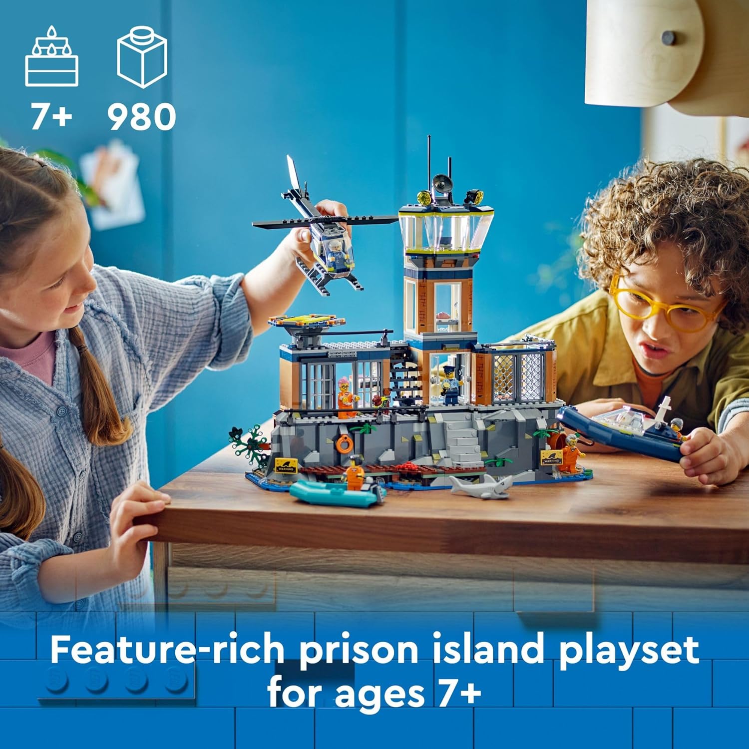 LEGO 60419 City Police Prison Island Toy Building Set, Birthday Gift for Boys and Girls Ages 7 Plus, Imaginative Play, Helicopter Toy, Boat Toy and Dinghy, 7 Minifigures with Dog and Shark Toy.