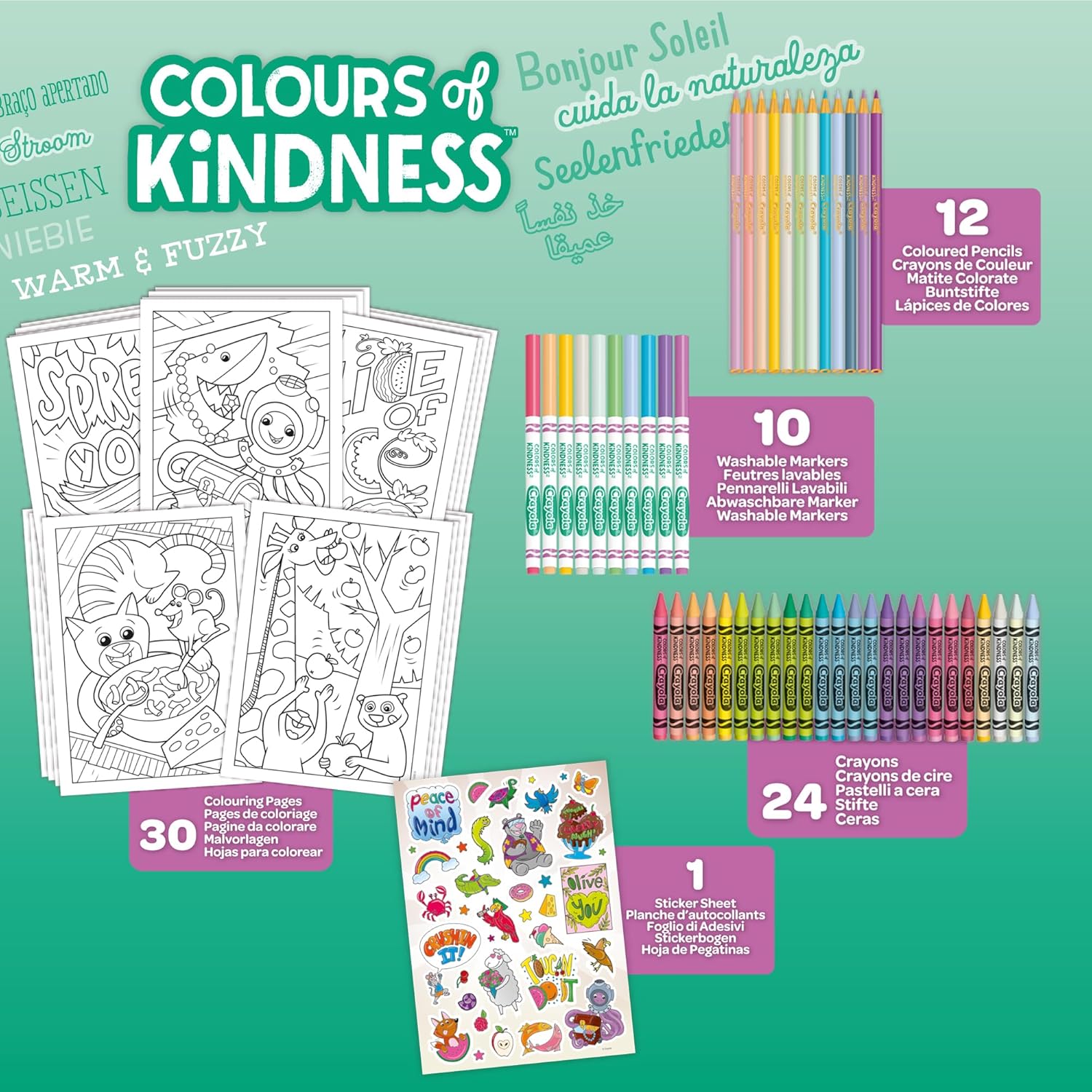 Crayola Colours of Kindess Colour Box, 70 Pieces+, Marker, Wax Crayon, Pencil, Colouring Sheets and Stickers