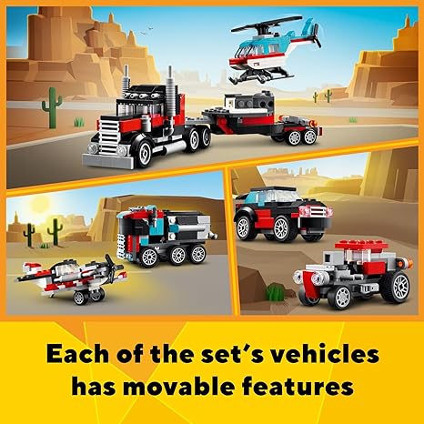 LEGO Creator 31146, 3 in 1 Flatbed Truck with Helicopter Toy, Transforms from Flatbed Truck Toy to Propeller Plane to Hot Rod and SUV Car Toys, Gift Idea for Boys and Girls Ages 7 Years Old and Up