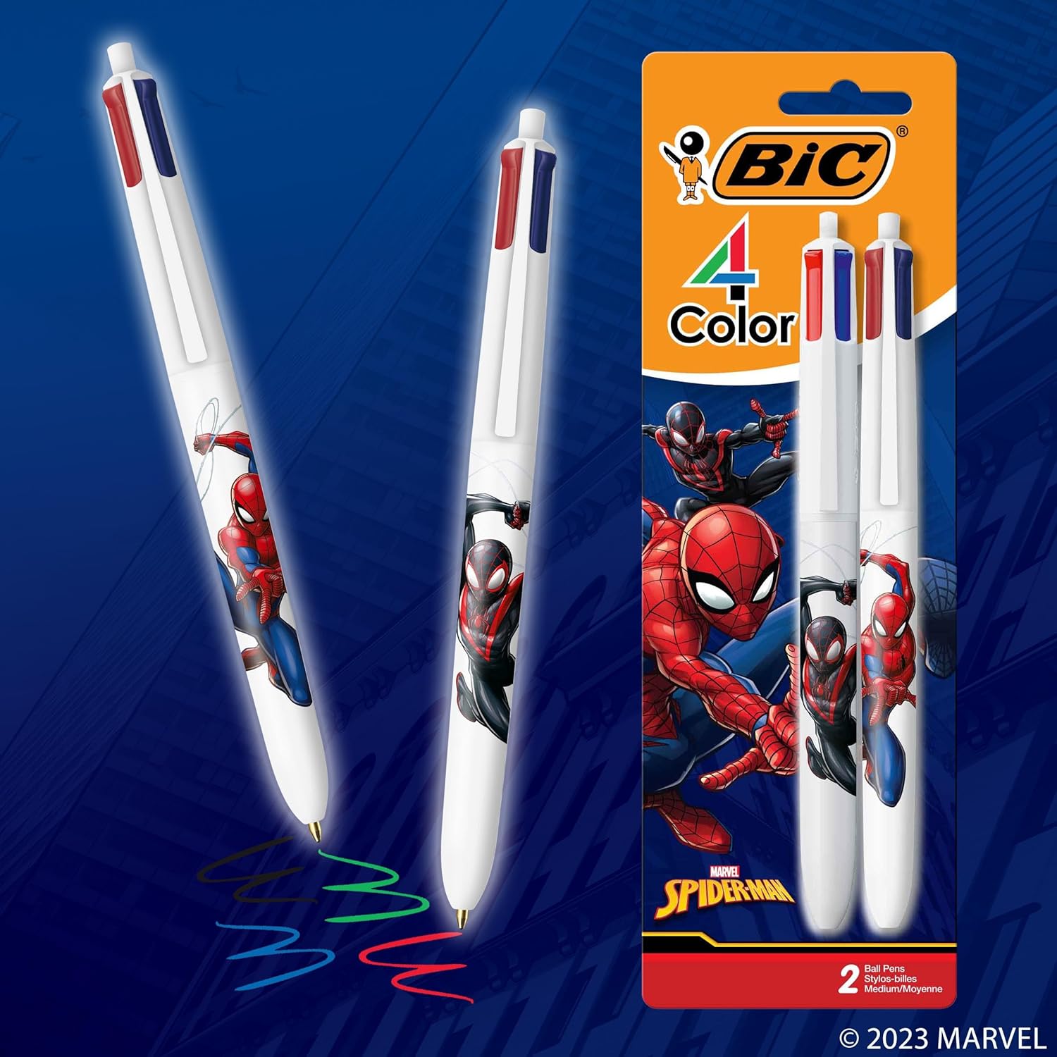 BIC 4 Color Retractable Ballpoint Pen with Marvel's Spider-Man Design and 1.0 mm Point, 2-Count in Assorted Ink
