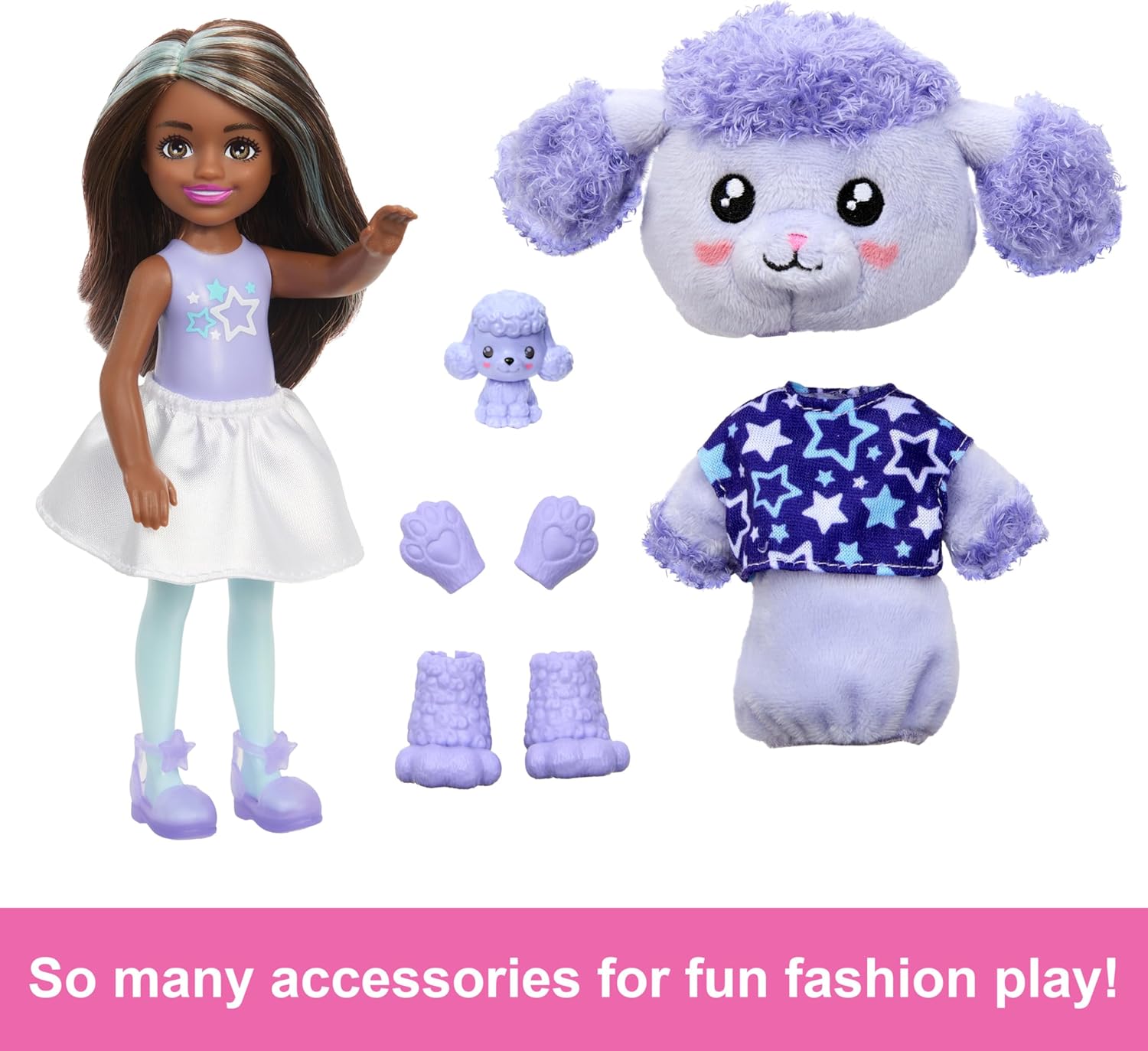 Barbie Chelsea Cutie Reveal Small Doll & Accessories, Brunette in Poodle Costume, 6 Surprises, Color Change (Styles May Vary)