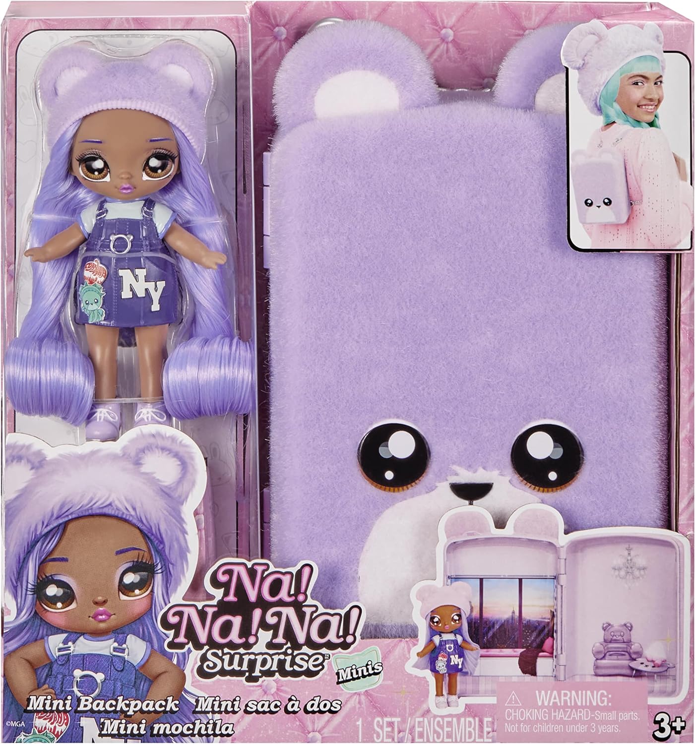 Na! Na! Na! Surprise Mini Backpack Bedroom Lizzy York Fashion Doll, Fuzzy Purple Bear Backpack, Gift for Kids
