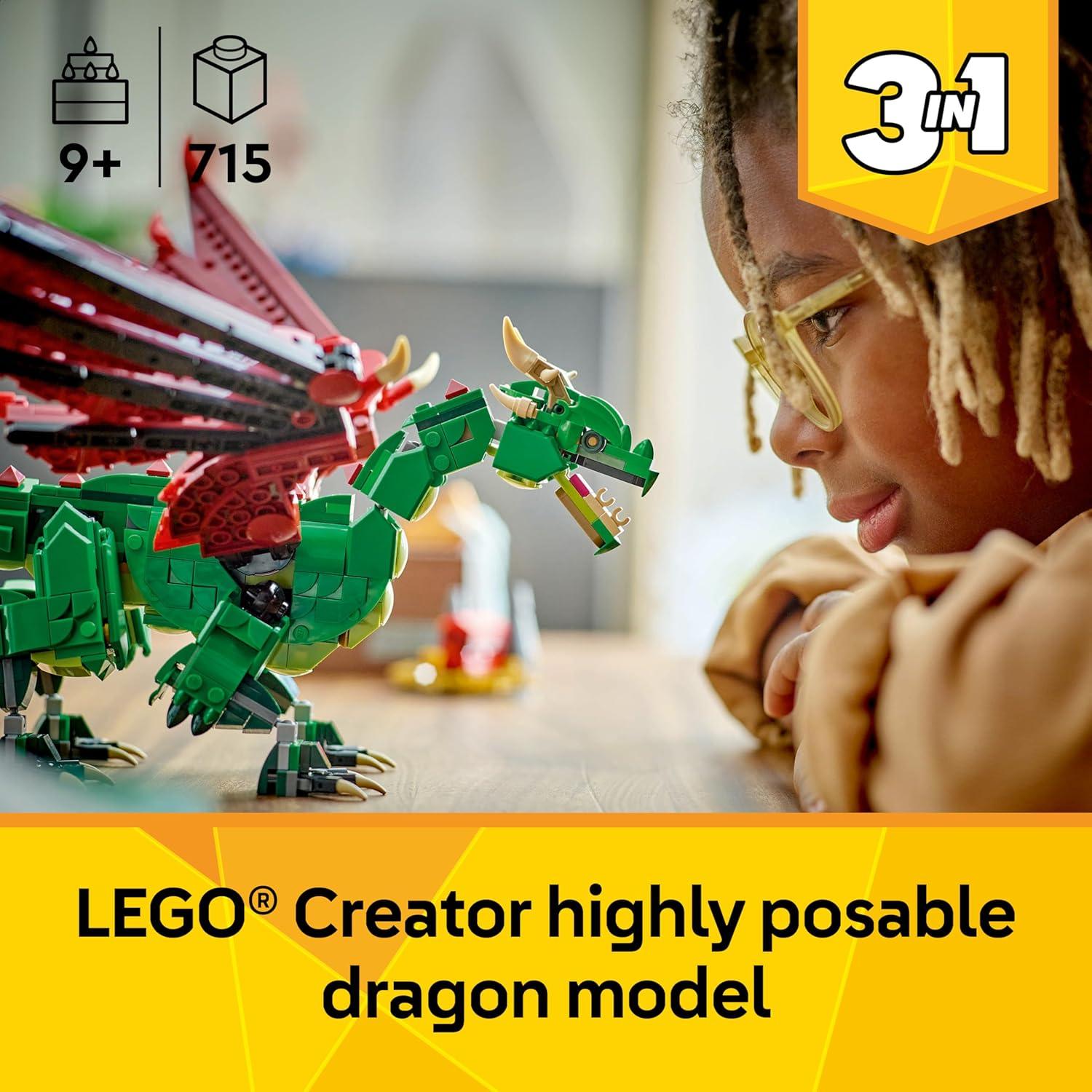 LEGO 31161 Creator 3 in 1 Medieval Dragon Toy - Building Toy with 3 Build Options, Dragon, Sea Serpent, or Phoenix - Fantasy Set for Kids, Boys and Girls, Ages 9+ - Gift Idea for Birthdays