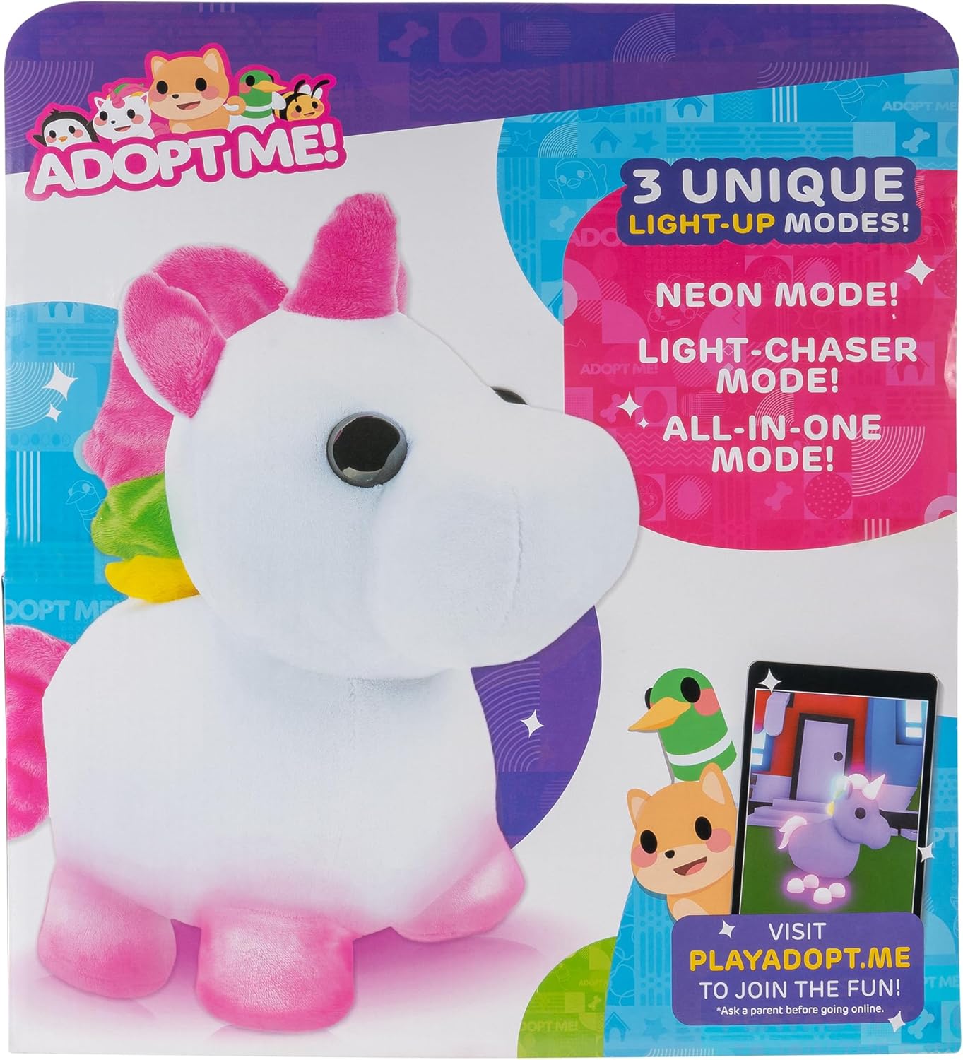 Adopt Me! Luminous Neon Unicorn Soft Toy - Soft and Cuddly - Three Lighting Modes - Directly Inspired by Game No. 1, Toys for Children - 6 Years and Up