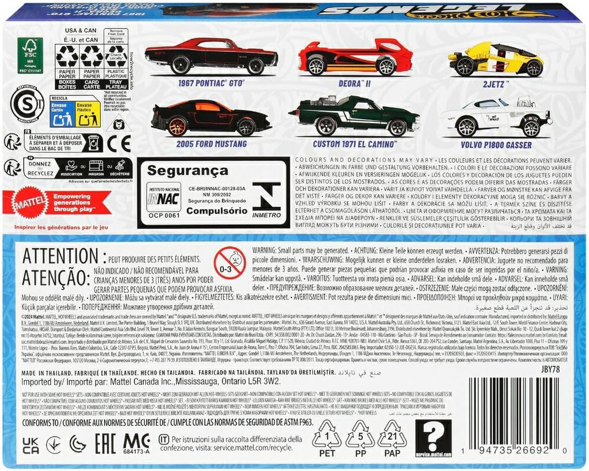 Hot Wheels 1:64 Scale Die-Cast Toy Cars and Trucks Set of 6 HW Legends Vehicles Decoration (Styles May Vary) JBY78