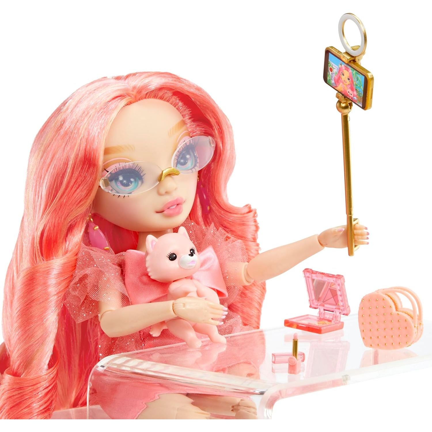 Rainbow High Pinkly - Pink Fashion Doll in Fashionable Outfit, with Glasses & 10+ Colorful Play Accessories