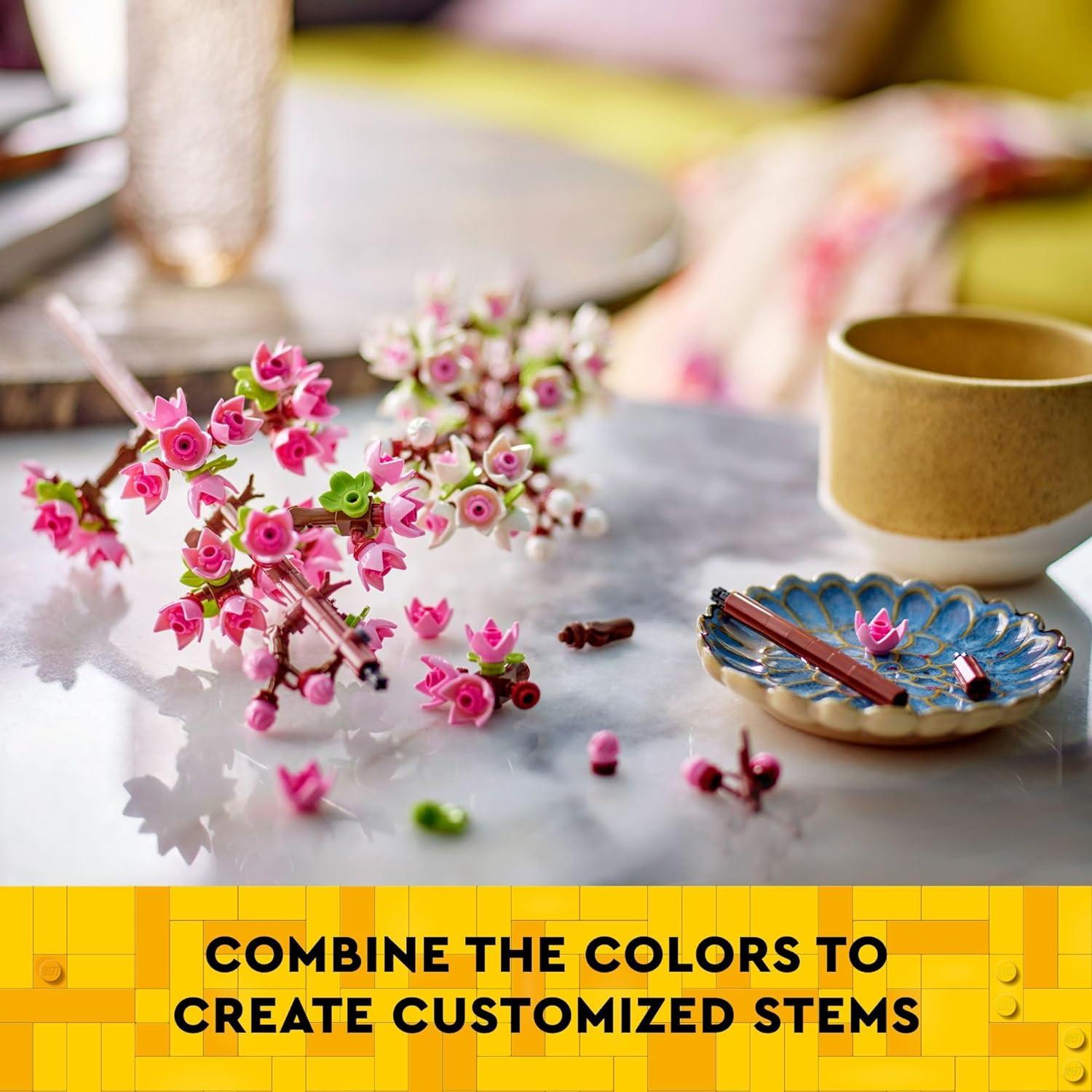 ليجو 40725 هدية أزهار الكرز لعيد الحب، عرض زهور قابل للبناء للأطفال المبدعين، أزهار الكرز الأبيض والوردي.